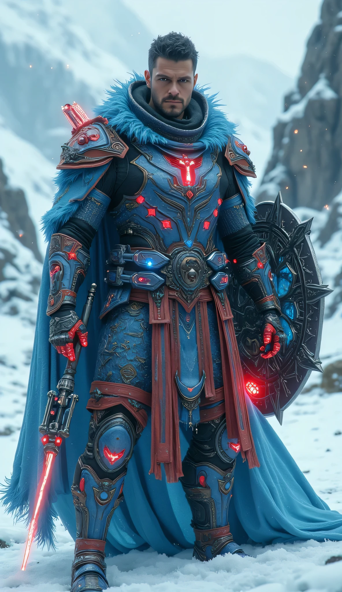 "Create a realistic male superhero inspired by Marvel characters, wearing a modernized, tactical armor suit that reflects the essence of Greenlandic culture, mythology, and symbols. The armor features designs inspired by Inuit patterns, with accents representing the northern lights and Arctic landscapes. The color palette blends red, white, and blue, reflecting Greenland's flag. His weapons include advanced versions of traditional Greenlandic tools, like a technologically enhanced harpoon that can emit energy pulses, and a multi-purpose shield with adaptive camo technology, mimicking ice and snow. His armor is layered with high-tech materials, optimized for extreme Arctic conditions, with integrated sensors and cold-resistant features. The superhero stands in a dynamic, heroic pose, projecting resilience and strength. The image is captured in a wide shot, giving full view of the superhero's detailed suit and the expansive background, which showcases the icy fjords and aurora-lit skies of Greenland."