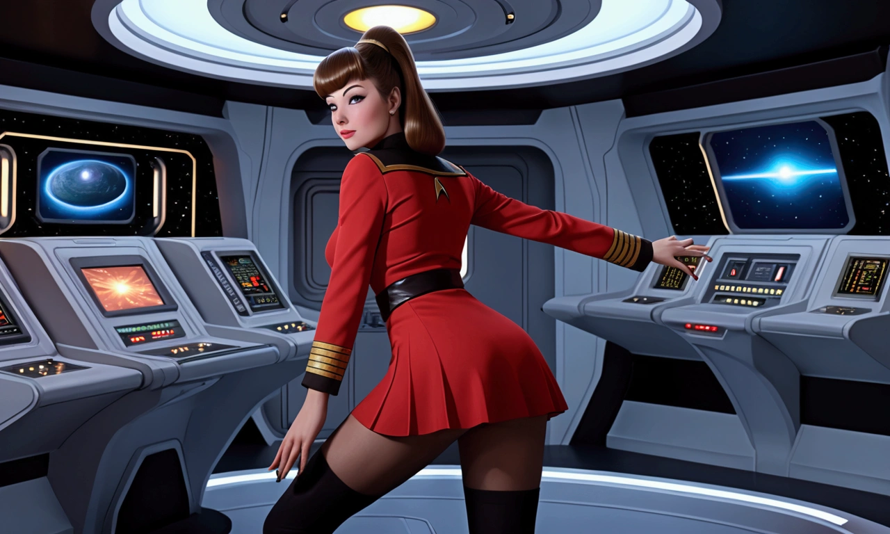 cute woman, 1girl, 25yearsold, amazing butt, 1960s star trek miniskirt uniform, happy go lucky new yeoman on the starship enterprise, extremely detailed face and eyes, beautiful detailed lips, longeyelashes, photorealistic, 8k, hyperdetailed, masterpiece, high quality, cinematic lighting, vibrant colors, retro sci-fi, 1960s aesthetic, futuristic, dynamic pose
