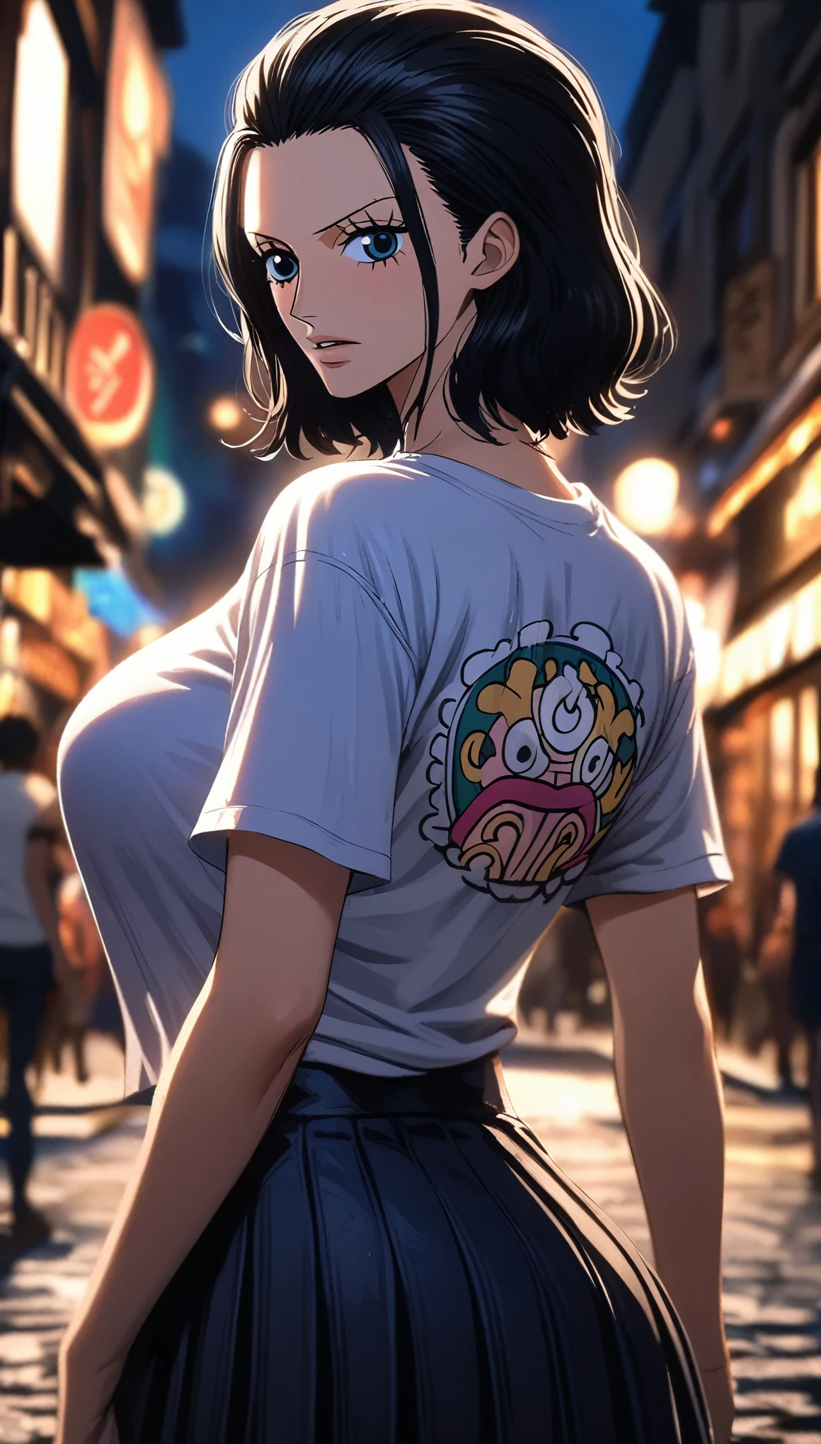 masterpiece, best quality, intricate details, 1 girl, woman, black hair, nico robin \ (one piece\), (bob cut), t-shirt, pleated skirt, female focus, large breast, looking at viewer, ((side view)) ((close up shot)) ((solo)) ((hair slicked back)) detailed, very high resolution, no blurry image, cowboy shot, blue eyes, straight hair, ((nico robin from one piece)) ((female nico robin from one piece)), outdoors, street, night