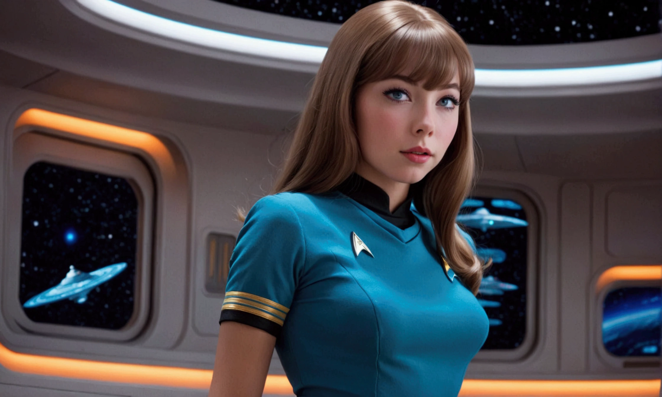 cute woman, 1girl, 25yearsold, amazing butt, 1960s star trek miniskirt uniform, happy go lucky new yeoman on the starship enterprise, extremely detailed face and eyes, beautiful detailed lips, longeyelashes, photorealistic, 8k, hyperdetailed, masterpiece, high quality, cinematic lighting, vibrant colors, retro sci-fi, 1960s aesthetic, futuristic, dynamic pose
