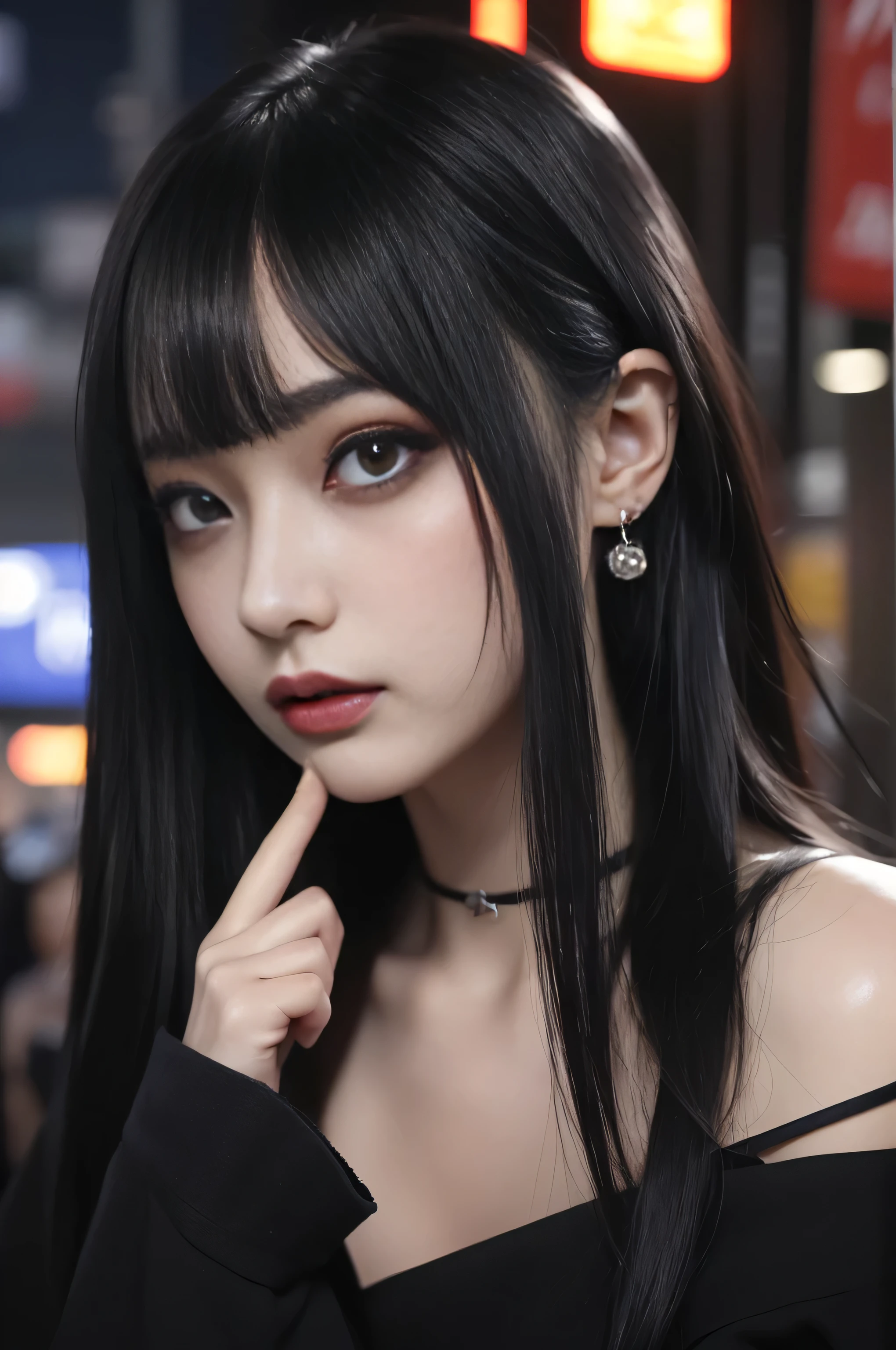 Cinema Lighting、(Key Light:Front 45 degree angle, Supplementary light、Backlight、shadow、 blue and orange color palette ), Accurate human body、Someone knowledgeable、Correct five fingers、RAW Photos、4K - ultra-vivid、Best Quality, masterpiece, super high definition, (reality: 1.4), (((Oilskin,Glittering Skin、 realistic skin texture 、 beautiful skin with attention to detail、 Glossy Skin、 Glossy Skin)))、 Beautiful young, 19-year-old girl, Attractive girl, Cool girl、girl、 miniskirt 、black mask、((赤いDark Makeup))、((Big Breasts)) 、 girl1 person, purple eyes, off shoulder sweater dress, Cinema Lighting、Purple and black hair、(Mine girl、Goth Makeup、My Makeup)、(Piercing、Big Breasts、An oversized black t-shirt with open shoulders、dark miniskirt )、((dark makeup、Oilskin, Glowing Skin 、 realistic skin texture 、 Fine and Beautiful Skin 、 Glossy Skin)), Dark city at night、Kabukicho、Dark Cyberpunk、(Full Shot:1.8)、Thin legs、Thin arms、Narrow shoulders、Narrow waist、Slender body、Big Breasts、whole body