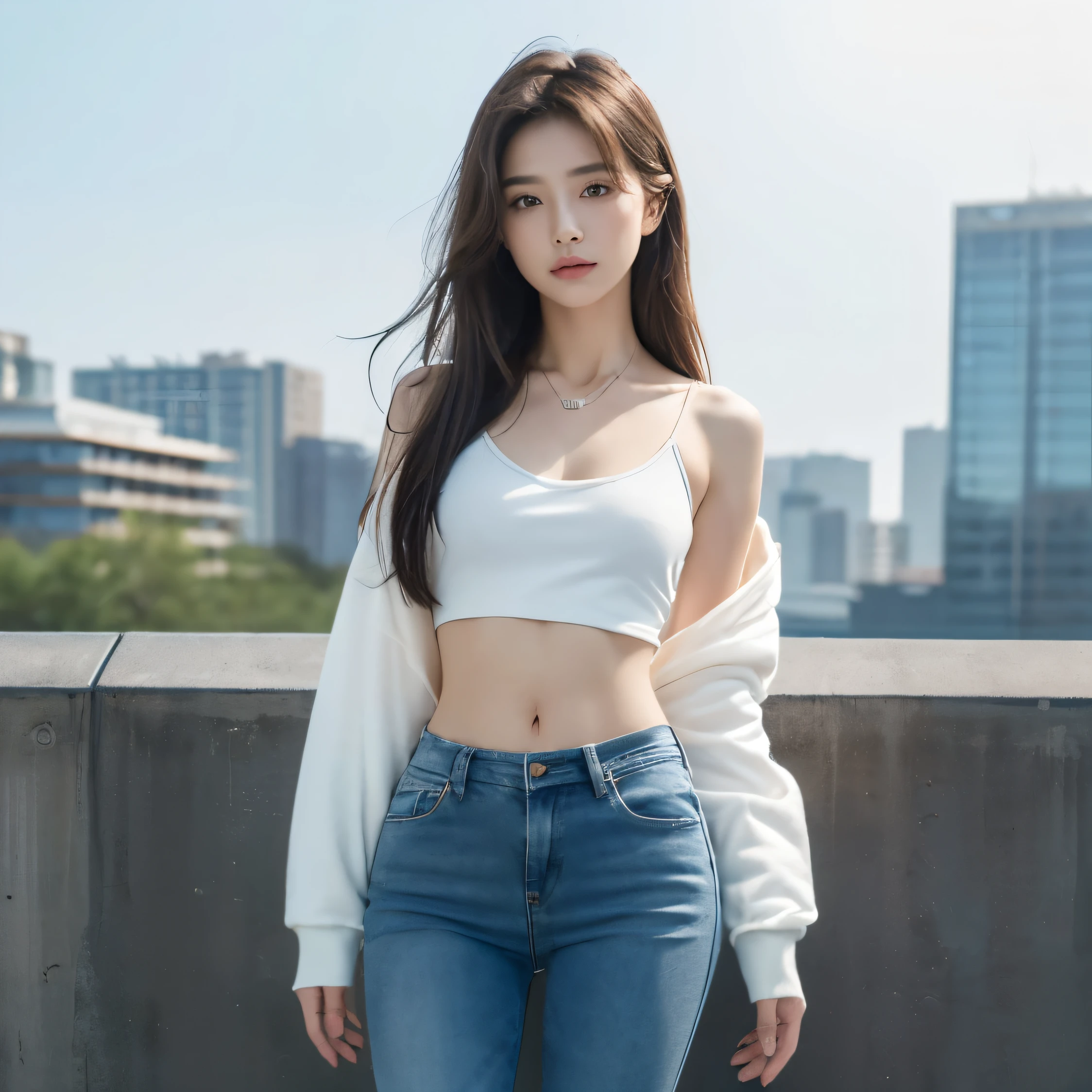 (8k, Raw photography, Top image quality, ​masterpiece: 1.4), The ultra -The high-definition, (realistic, Photorealsitic: 1.48,Full body portrait 2),(small stature,pretty face,Oriental girl , pretty collarbone , clean, clear skin,Slight belly fat )  jeans, big hoodie,frontal,