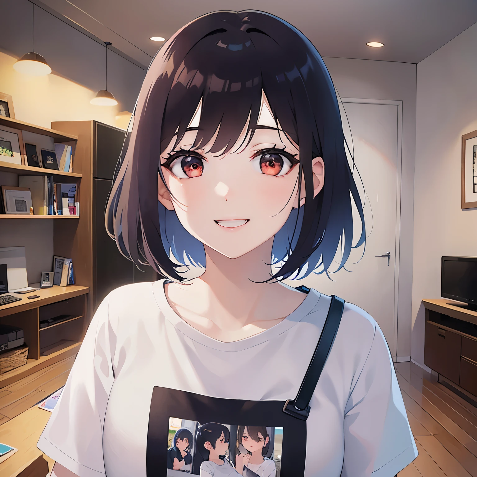 head tilt,upper body, (pale skin:1.2), shiny skin, shiny hair、(A 40-year-old woman:1.5) and (bob cut) and (hair between eyes) and (black hair) and (red eyes), over size t-shirt、（oversized clothes:1.5),white shirt,(smile:1.3)、(tearful:1.2)、 The background is the living room at night、（alone:1.5）