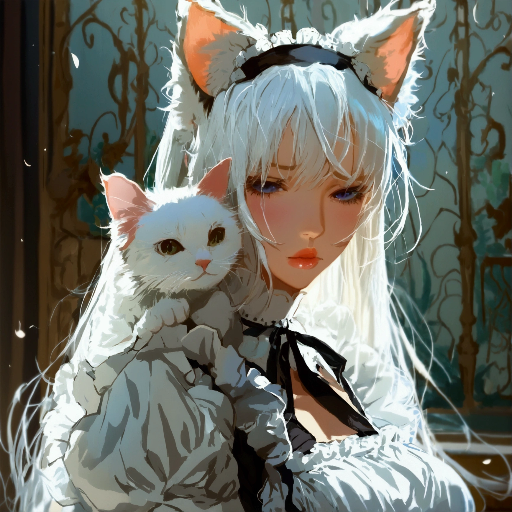 Mujar pretty with long blonde hair. . Dressed in a white lace corset. He has a cat in his arms. The cat is black and white. High quality --auto --s2