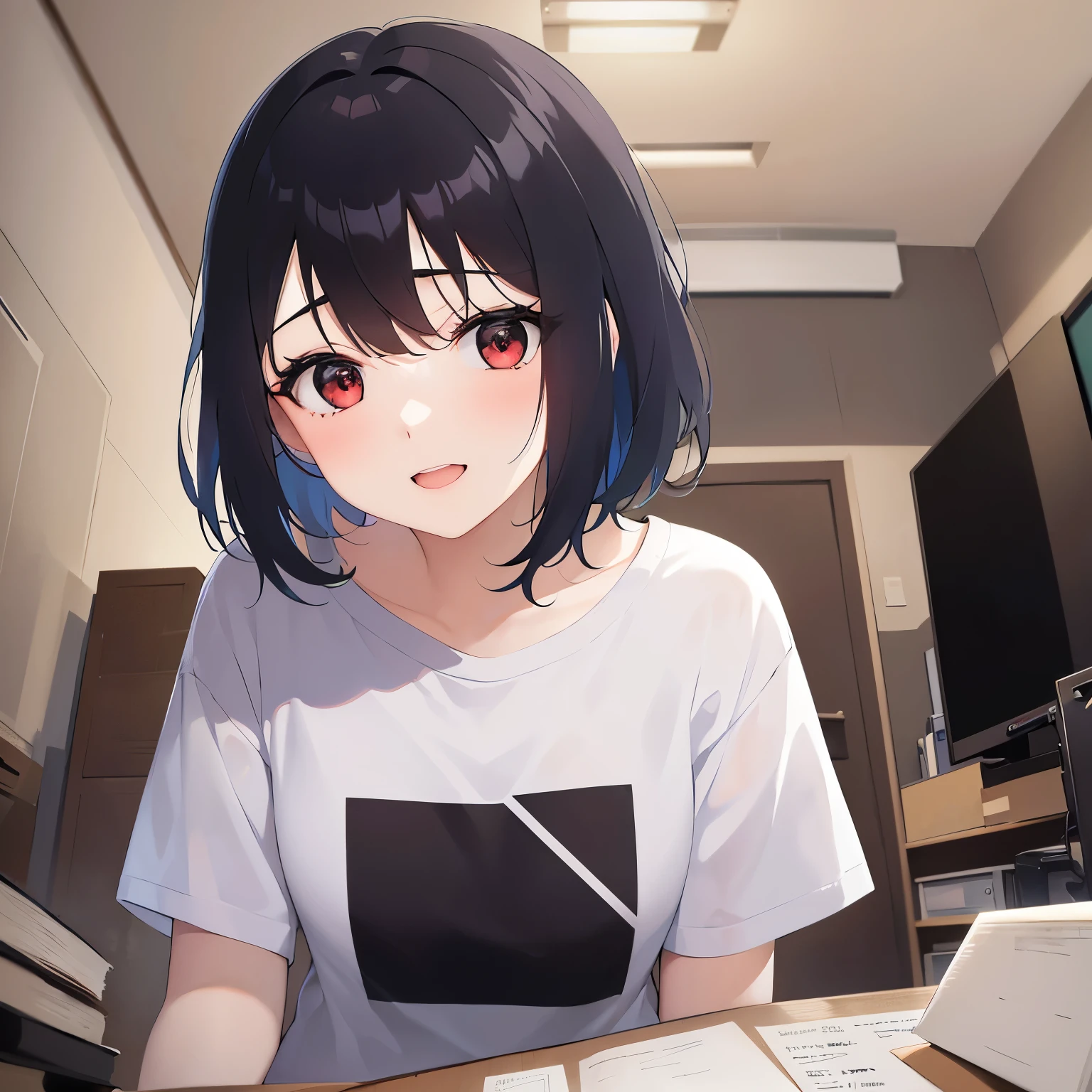 head tilt,upper body, (pale skin:1.2), shiny skin, shiny hair、(A 40-year-old woman:1.5) and (bob cut) and (hair between eyes) and (black hair) and (red eyes), over size t-shirt、（oversized clothes:1.5),white shirt,smile、(tearful:1.2)、 The background is the living room at night、（alone:1.5）