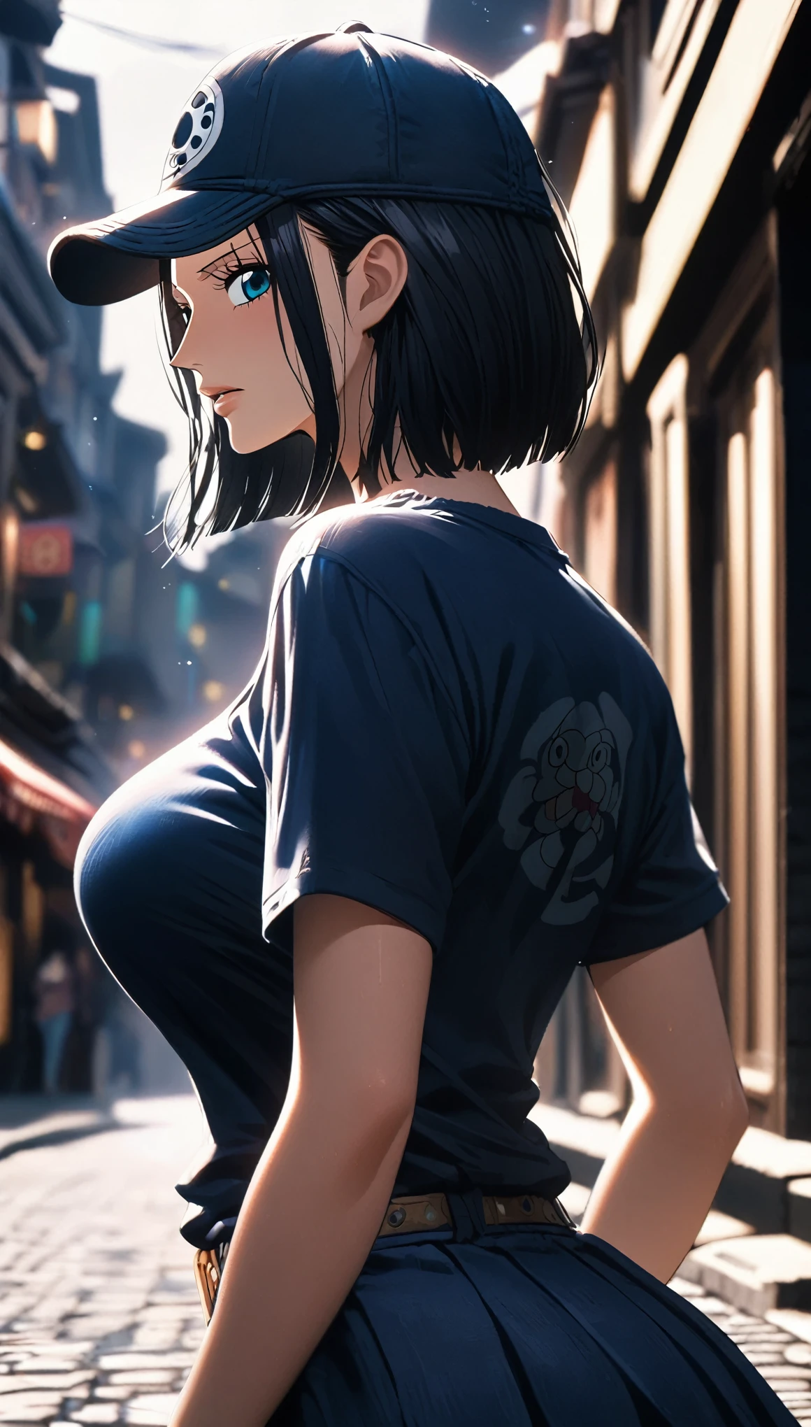 masterpiece, best quality, intricate details, 1 girl, woman, black hair, nico robin \ (one piece\), (bob cut), baseball cap, t-shirt, pleated skirt, female focus, large breast, looking at viewer, ((side view)) ((close up shot)) ((solo)) ((hair slicked back)) detailed, very high resolution, no blurry image, cowboy shot, blue eyes, straight hair, ((nico robin from one piece)) ((female nico robin from one piece)), outdoors, street, night