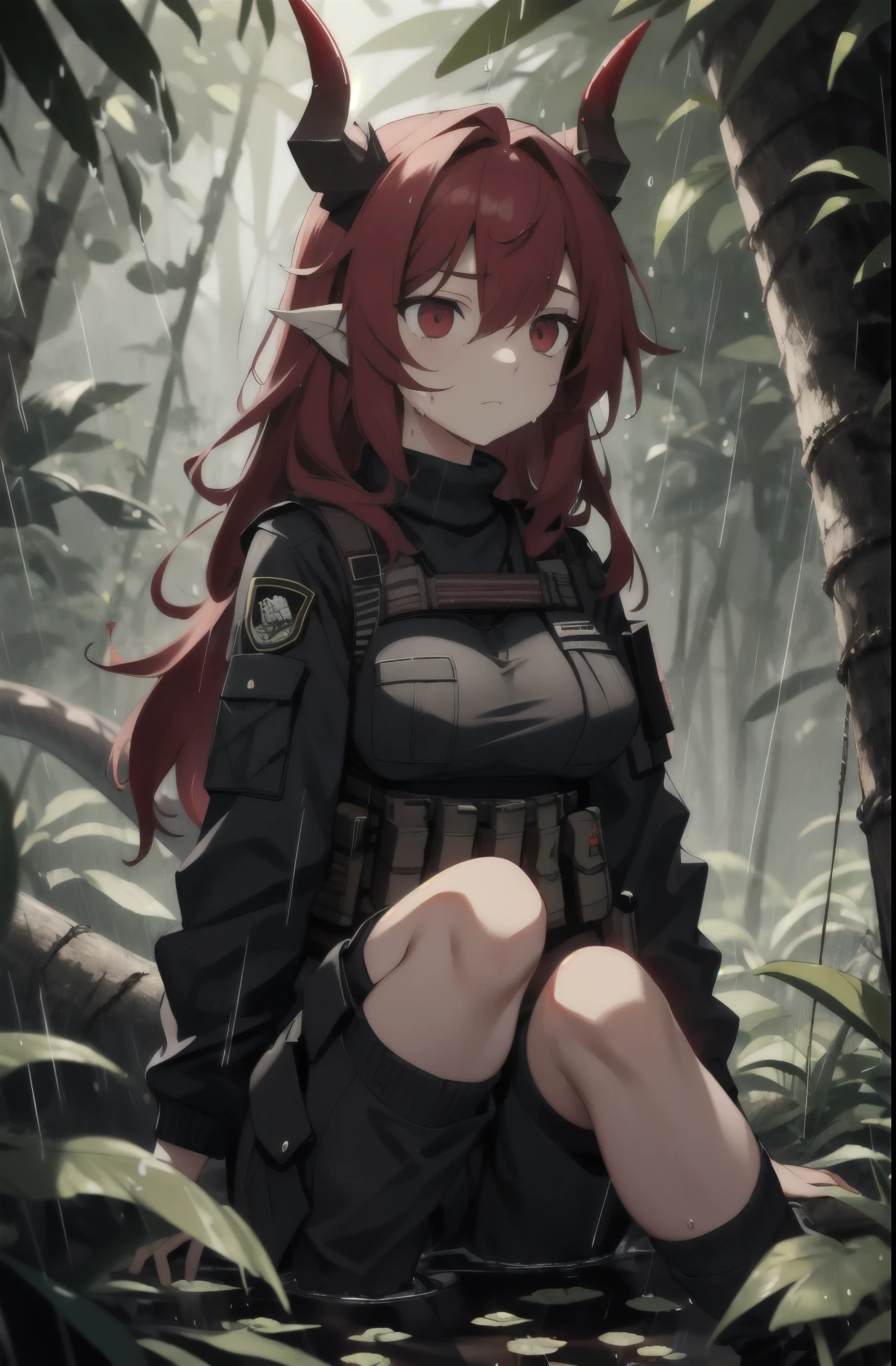 Sinder, red hair, long hair, red horns, animal ears, red eyes, dragon tail, gray skin:0.9, large breasts, black sweater, black cargo pants, bulletproof vest, tactical vest, forest, night, on knees, expressionless, raining, jungle, looking away, wet, leaves, mud