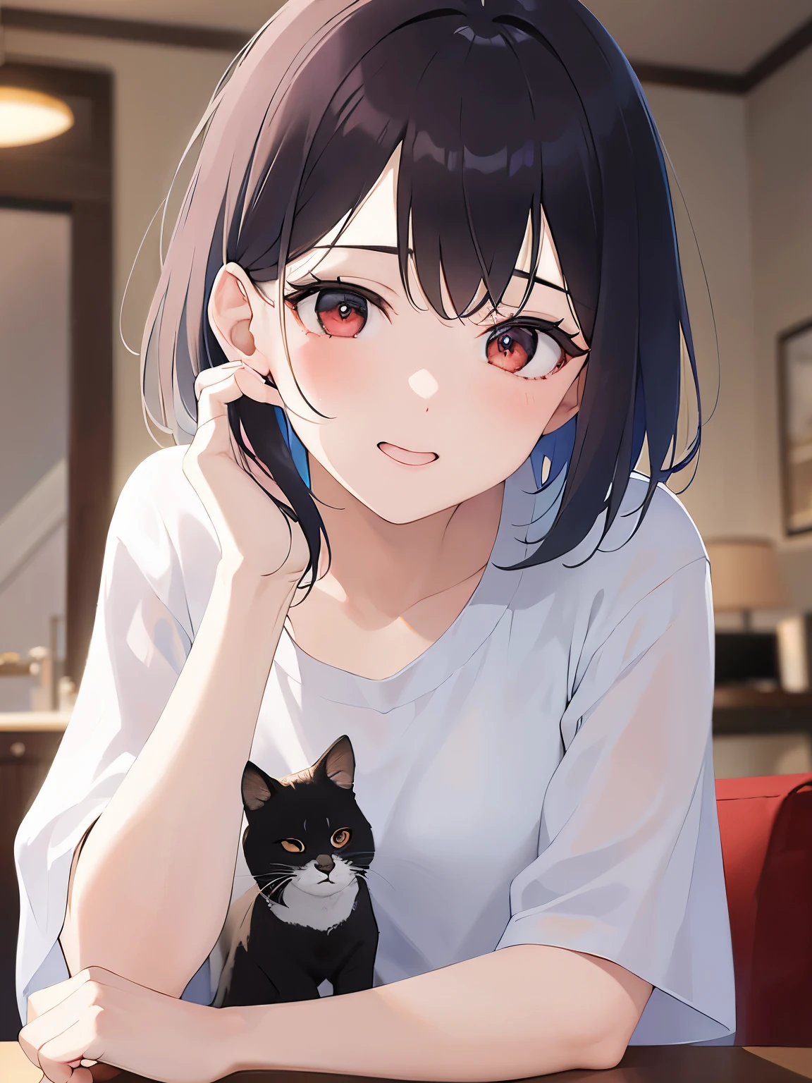 head tilt,upper body, (pale skin:1.2), shiny skin, shiny hair、(A 40-year-old woman:1.5) and (bob cut) and (hair between eyes) and (black hair) and (red eyes), over size t-shirt、（oversized clothes:1.5),white shirt,smile、(tearful:1.2)、 The background is the living room at night、（alone:1.5）