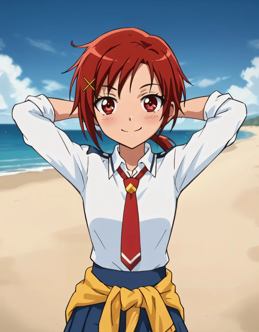 Hino Akane SM, red hair, red eyes, short hair, short ponytail, x hair ornament, hairclip, school uniform, white shirt, long sleeves, red necktie, blue skirt, sleeves rolled up, sweater around waist, high quality, closed mouth, looking at viewer, smile, showing armpit, looking at viewer, solo, contrapposto, arms behind head, smile, looking at viewer, cowboy shot, closed mouth, night sky, beach, best quality, blushing