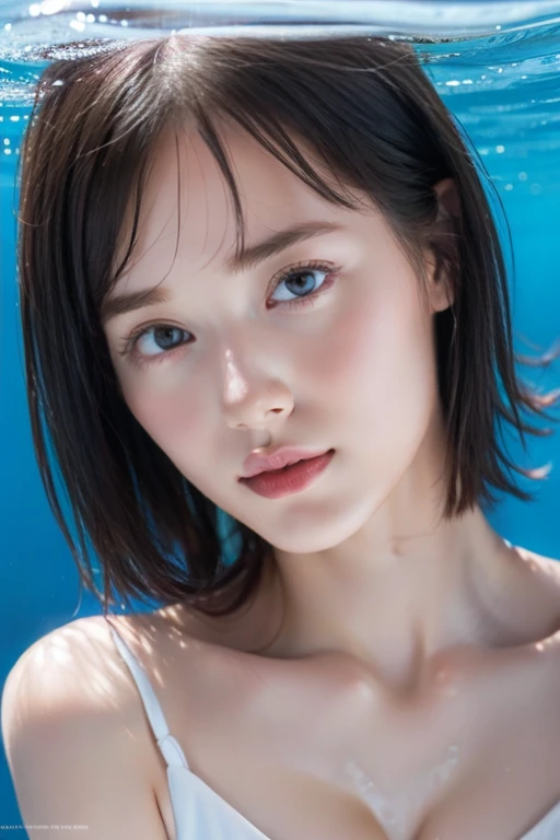 (masterpiece, Highest quality, Super detailed, 8K, wallpaper, Realistic), ((Perfect hands)), ((Perfect Anatomy)), Medium cleavage, Long, round legs, Round ass, ((Attractive anime girl)), ((Rei Ayanami)), ((Capturing her ethereal beauty with pale wet skin, Wet short indigo hair)), ((Bright crimson eyes with a mysterious depth)), ((Pale blue or white one-piece swimsuit, Swimwear should be simple and elegant, With a high neckline and a discreet yet flattering cut, NERV logo and、Evangelion-themed designs, etc.、Subtle details can be incorporated as accents, To pay tribute to her character)), ((Close-up shot, Side view)), ((Dynamic Background)), ((Sensual pose))