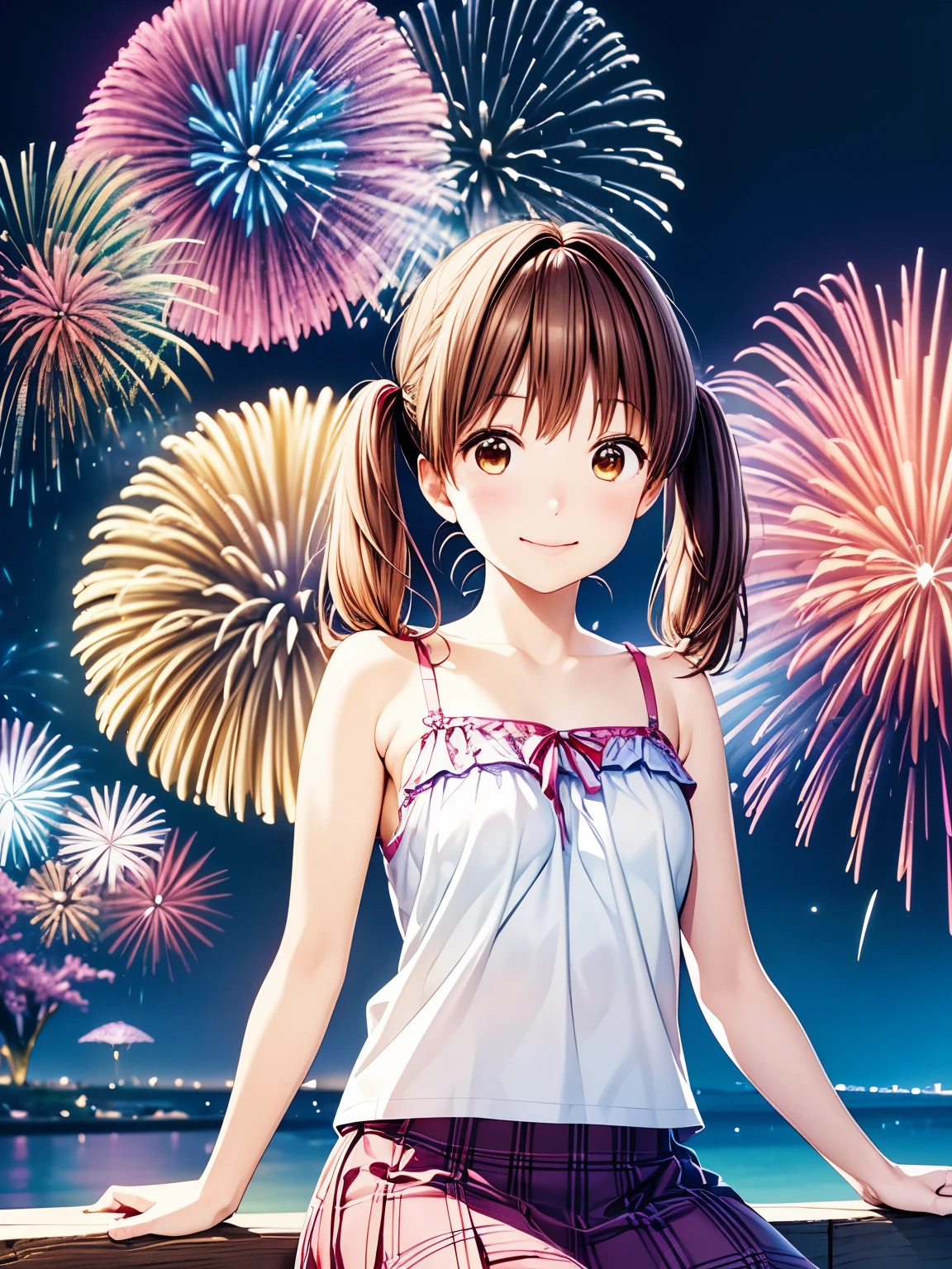 Best Quality,  High Resolution 、 Unity 8K Wallpaper ,night、night空、One Girl, Alone, Yamato, Yamato　Rinko、Brown Hair,  Brown Eyes ,  medium hair、Slightly low twin tails,Closed Mouth、smile、cherry blossoms、firework、(firework,night空に咲く大輪のfirework:1.2)、stroll,(camisole、skirt:1.3),(Realistic, Genuine, Genuine的、Realistic:1.3), Best Quality、  cowboy shot that makes me dream violently、