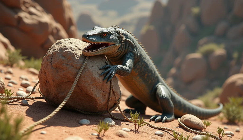 Generate 3d animated image of Indian monitor lizard catching rock hill strongly and a rope tied to it
