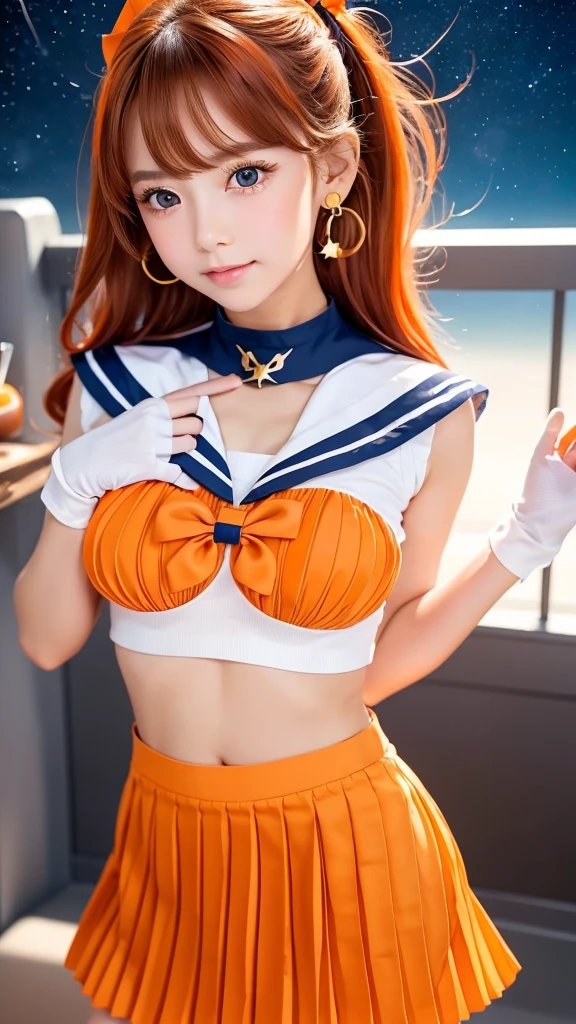(8k, RAW photo, best quality, masterpiece:1.2), (ultra highres:1.0), detailed illustration, detailed, (realistic, photo-realistic:1.37), detailed beautiful skin, sailor moon, (1 girl: 1.2),(full body:1.2),(hand of Guido Daniele:1.2), slim body, cute, happy, long hair, long leg, cleavage,blue skirt,red bow,blue eyes,blond hair,twin tails,hair bun,hair ornament,blue sailor collar, red choker, red boots, high heels, sailor senshi uniform, white gloves,tiara,elbow gloves,pleated skirt,knee boots blue sky, beautiful sky, (scenery), lake, falling petals, falling leaves, cowboy shot, spread legs, open shirt, bare breasts, (lying on the pier:1.2), (after sex:1.2), (torn clothes:1.5)