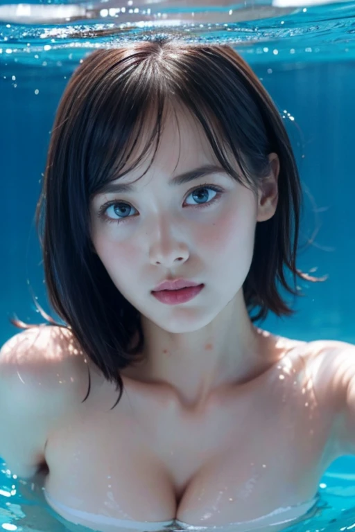 Masterpiece, top quality, ultra high resolution, (photorealistic photo: 1.4), ((1 girl, white fair skin: 1.4, kneeling, from above, looking up at the viewer, face close-up, 19 years old, pretty, cute, black hair, bob_cut, short hair, big breasts: 1.6)) (bikini swimsuit: 1.3, simple blue and black two-tone swimsuit, shiny shiny shiny swimsuit, Shiny swimsuit with reflective surfaces, dripping wet body: 1.2) (portrait of famous actresses of Japan), (smile, happy, joyful, cheerful, close mouth), (breasts tucked between arms and breasts), high detailed eyes, really snow-white background, long neck, bangs, lashes, big eyes