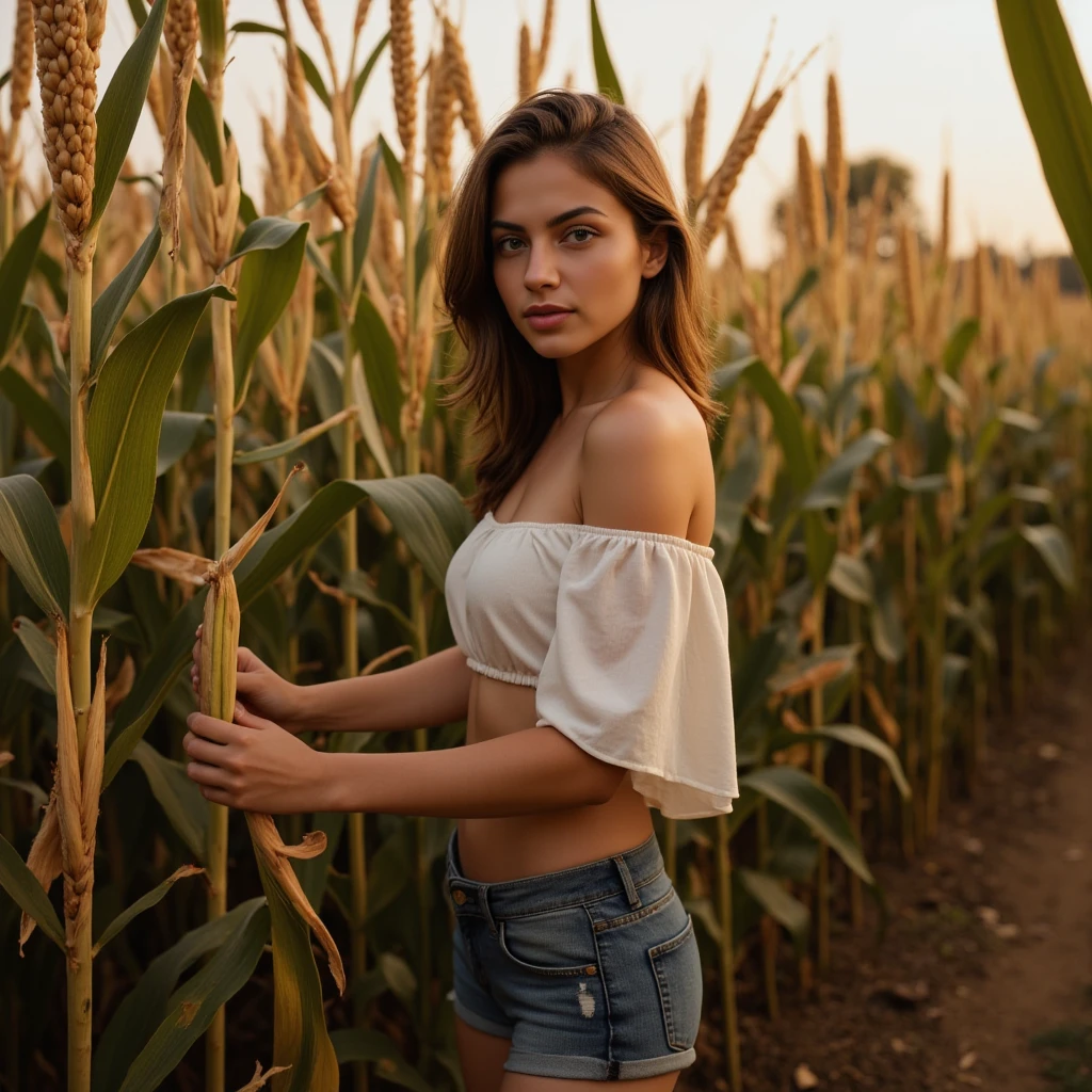 Herra, a beautiful 23-year-old Argentine woman, leans casually against a corn stalk in the middle of a sprawling corn maze. She rests her back against the tall corn, one leg bent as her foot presses gently against the stalk. Her arms are loosely crossed, and she gazes seductively at the camera, her lips slightly parted in a playful, inviting expression. The late afternoon sun casts a warm, golden glow across the field, filtering through the tall corn stalks and enveloping her in soft, natural light. A small piece of corn silk is tangled playfully around her fingers, adding a delicate, tactile element to the scene. The colors are a harmonious blend of golden yellows, warm browns, and deep greens, with her skin glowing in the sunlight. Her loose, off-the-shoulder crop top in creamy white flows softly against her figure, paired with denim shorts that peek out from beneath the blouse, adding a subtle touch of sensuality. A medium shot captures her from the waist up, with the camera angled slightly upward to emphasize her confident, relaxed posture and the towering corn stalks. High-resolution digital photography inspired by Herb Ritts, highlighting the natural textures of her outfit, the corn, and the golden-hour light, creating a warm, nostalgic atmosphere reminiscent of rural Americana. The laid-back, emotional tones of 'Wonderwall' by Oasis perfectly complement the mood of the scene.