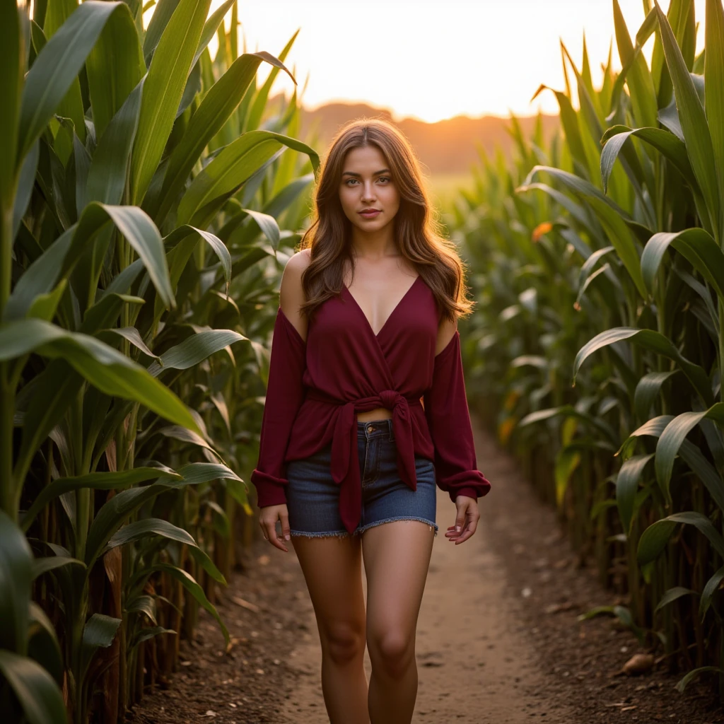 Herra, a beautiful 23-year-old Argentine woman with long wavy brown hair, walks confidently through a dense corn maze, her arms gently outstretched to graze the towering corn stalks on either side. She moves gracefully, her hands brushing the leaves as she strolls, while a short denim mini skirt hugs her figure. A loose shawl drapes from her shoulders, trailing behind her and catching the light, adding a soft sense of motion to the scene. Her expression is calm yet alluring, her eyes gazing ahead as the golden light of the setting sun bathes her in a warm glow. The path beneath her is uneven, contributing to the natural spontaneity of her walk, while the corn maze creates a tunnel of soft greens and sunlit yellows around her. A full-body shot from a low angle captures her confident, relaxed stride, elongating her figure and emphasizing the height of the corn stalks. The texture of her soft shawl contrasts with the roughness of the corn, adding a tactile element to the image. The warm, golden-hour lighting highlights the richness of her burgundy dress and the natural beauty of the scene. High-resolution photography inspired by Annie Leibovitz’s outdoor portraits, blending natural beauty with a cinematic, serene quality. The dreamy tones of 'There She Goes' by The La’s perfectly complement the carefree, captivating mood of her stroll