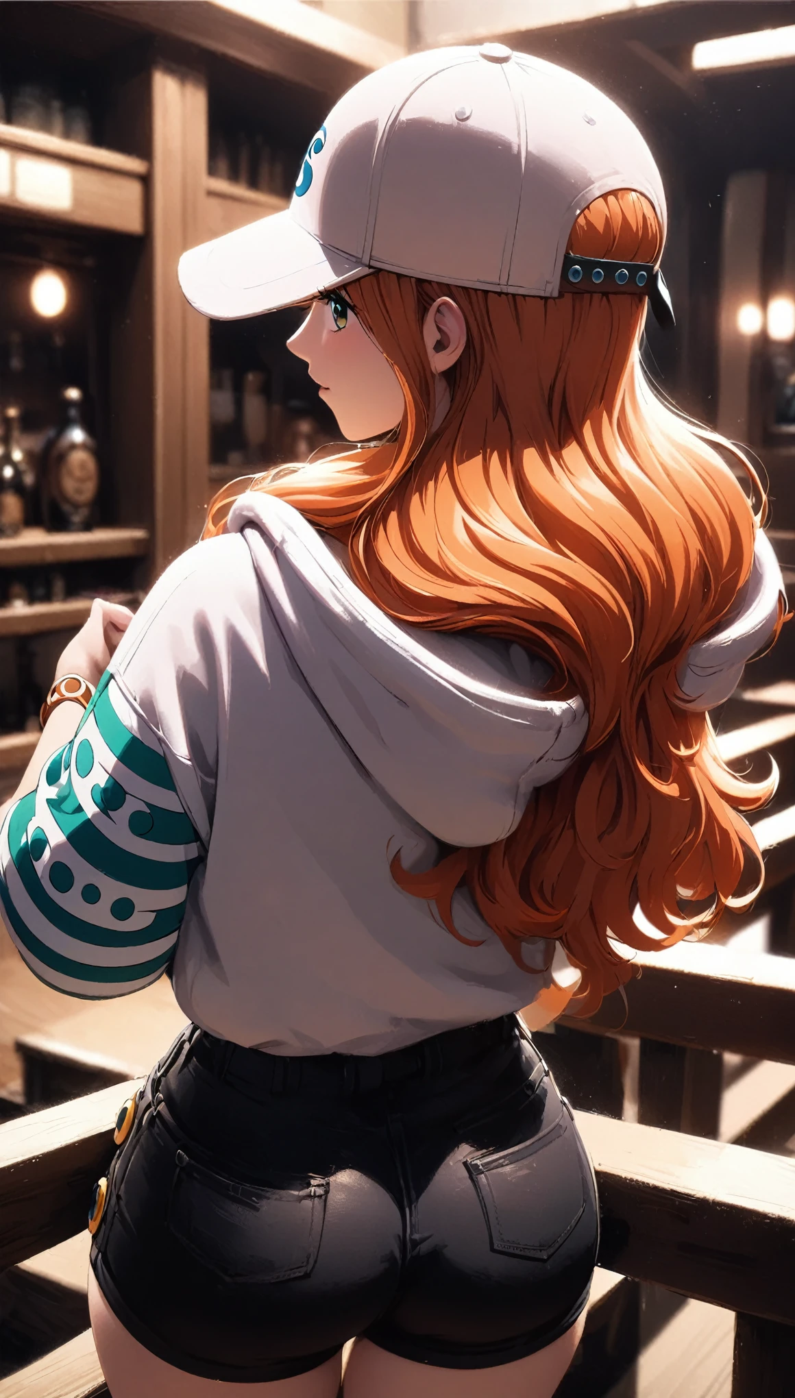 masterpiece, best quality, intricate details, 1 girl, woman, orange hair, nami \ (one piece\), (low twintail), baseball cap, oversized hoodie, black shorts, female focus, indoors, looking back, ((behind view)) ((close up shot)) ((solo)) detailed, very high resolution, no blurry image, standing, cowboy shot, green eyes, ((nami from one piece)) ((female nami from one piece)), indoors, scenery