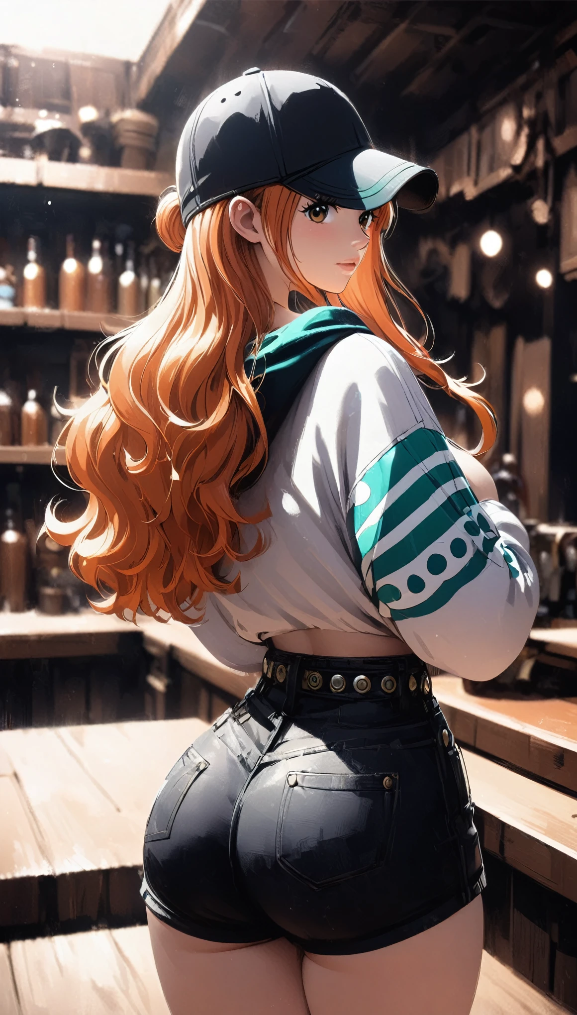 masterpiece, best quality, intricate details, 1 girl, woman, orange hair, nami \ (one piece\), low ponytail, baseball cap, oversized hoodie, black shorts, female focus, indoors, looking back, ((behind view)) ((close up shot)) ((solo)) detailed, very high resolution, no blurry image, standing, cowboy shot, green eyes, ((nami from one piece)) ((female nami from one piece)), indoors, scenery