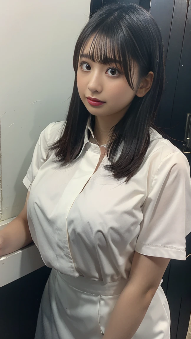 masterpiece, best quality, illustration, Super detailed, fine details, High resolution, 8K,wall paper, perfect dynamic composition,(Details High quality, realistic depiction of eyes:1.3), short bob hair,  (Oversized_Shirt:1.2)、Oversized_Shirt, ((facing viewer)), hotel room, Layered Cut, black hair color, Big Natural Color Lip, sexy pose, crying a little、cold gaze, Harajuku style、20 year old girl、cute type、lolita, hposing Gravure Idol, full body photo, huge breasts