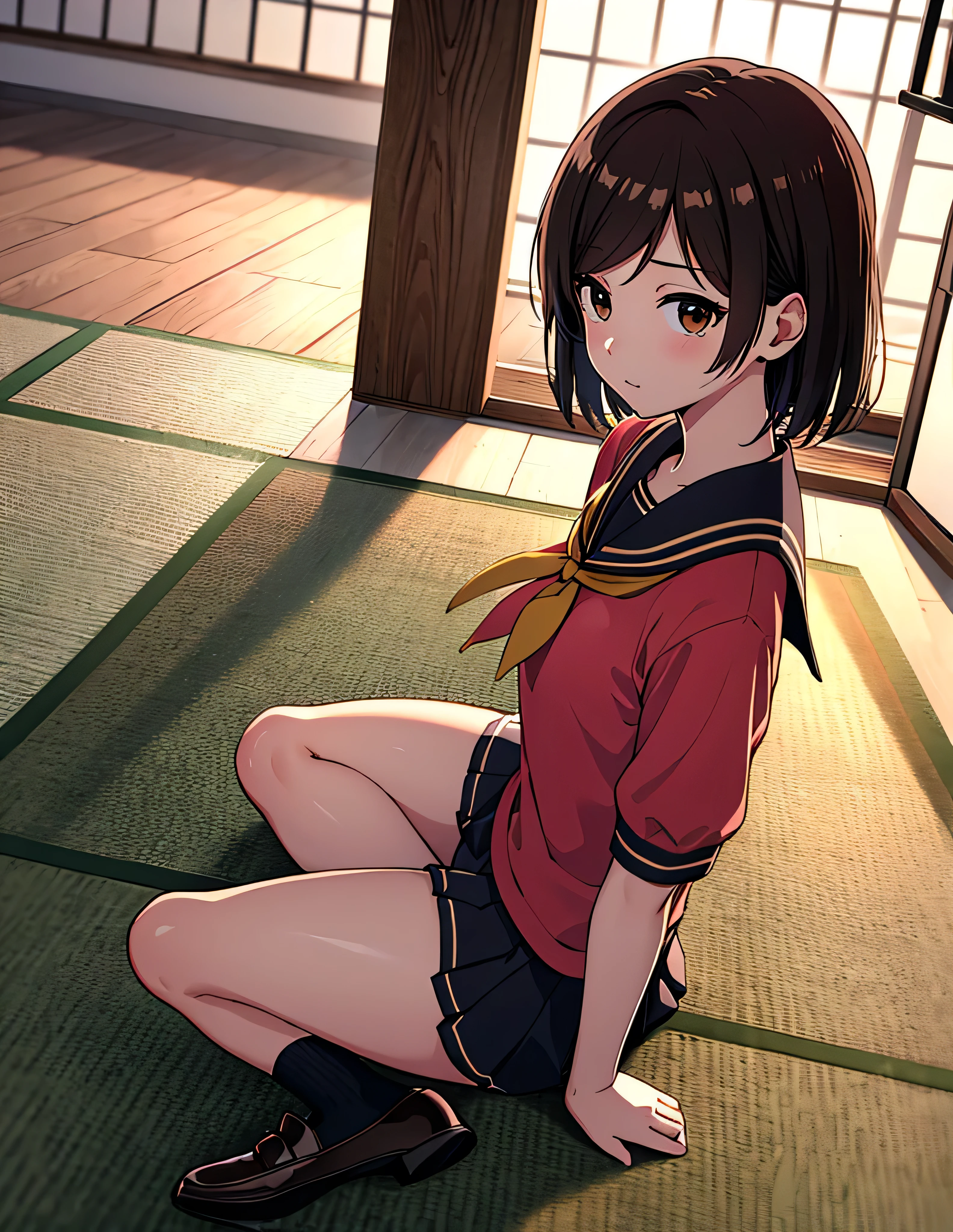 ((masterpiece, Please redeem, Very detailed, Very beautiful 8K CG wallpaper)), , A little thick,Side part semi-short,Medium Hair,Irene's bangs, Brown hair with a slight reddish tint, Side part semi-shortヘア,Messy hair, Brown eyes with subtle red tinge,Monkey Fist player、Sailor suitスタイルのユニフォーム、Large bust、Sailor suit、mini skirt、Monkey Fist、cute expression、Inside the Monkey Fist Gymnasium、、On the tatami、discovery、One Girl、whole body、rest、Irene、Bust Size: Top 82, Under 69, Small B cup、Raised by a grandfather who was a martial artist、Height 159.5cm、Schoolgirl uniform、High school uniform tie、High school girl's mini skirt、loafers