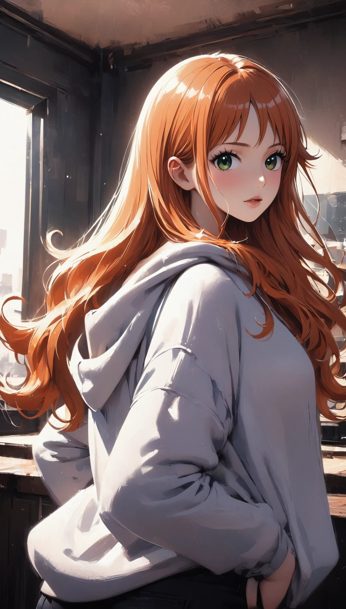 masterpiece, best quality, intricate details, 1 girl, woman, orange hair, nami \ (one piece\), short low twintail, oversized hoodie, black shorts, female focus, indoors, looking back, ((behind view)) ((close up shot)) ((solo)) detailed, very high resolution, no blurry image, standing, cowboy shot, green eyes, ((nami from one piece)) ((female nami from one piece)), indoors, scenery
