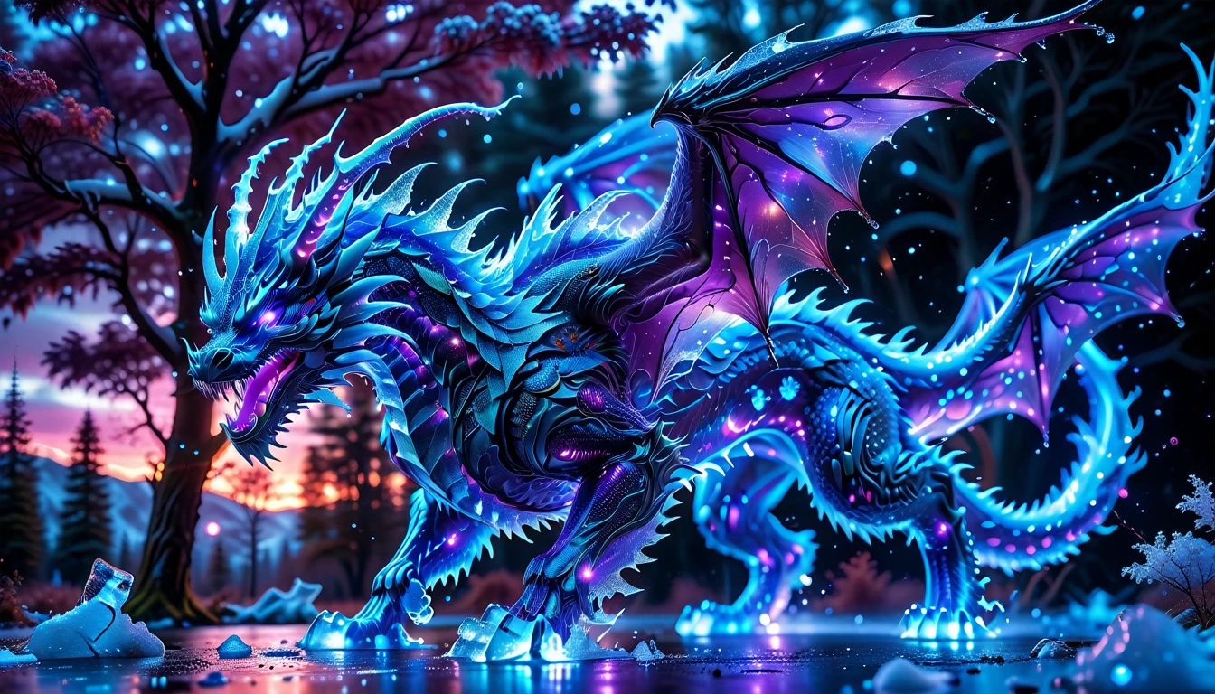 A Masterpiece In 32K Resolution, Supreme Quality, Super Detail, Official Art, Very High-Resolution 32K Wallpaper, Beautiful And Aesthetic, Ultra-Detailed Features, Awe-Inspiring Detail. Towering Bioluminescent Trees Stretch Into A Purple Sky, Their Branches Pulsing With Electric Blue Light. Rising From The Depths Is A Colossal Ice Dragon, Its Body Covered In Frozen Armor-Like Scales. Massive Wings Unfold From Its Sides, Glinting In The Light, Its Frosty Breath Leaving Trails Of Sparkling Ice In The Air. Giant Floating Beasts Drift Through The Air, Their Silhouettes Blending With The Exotic Landscape.