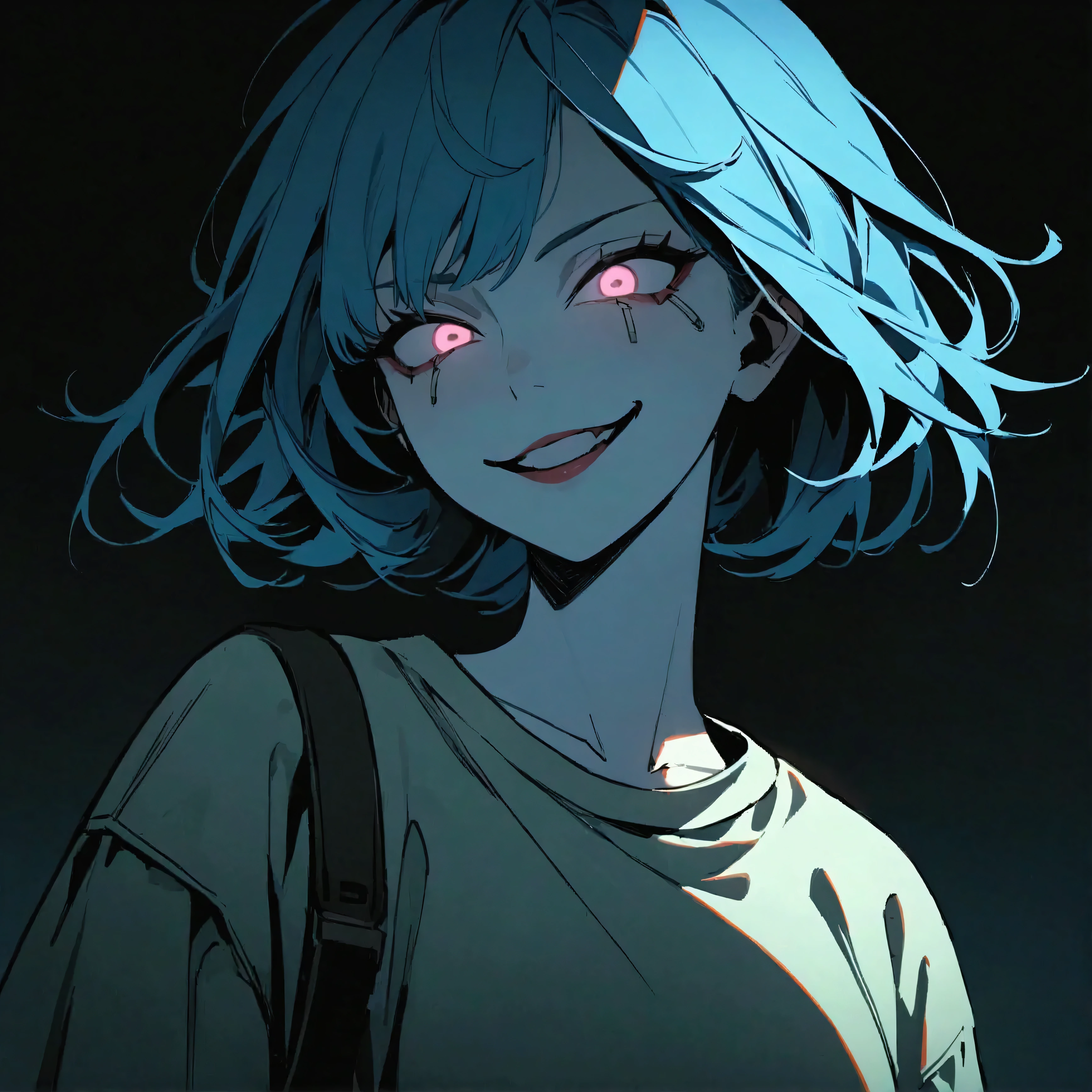 ( masterpiece:1.2,  the best quality), 1 woman,  Upper Body, Cyberpunk clothes, casual, pechos medianos, blue hair , Minimalist makeup,pale,natural fabrics, face close-up, evil smile,  phosphorescent eyes bright circular pupils,8k high resolution, detailed lines, ((  Upper Body)) ,