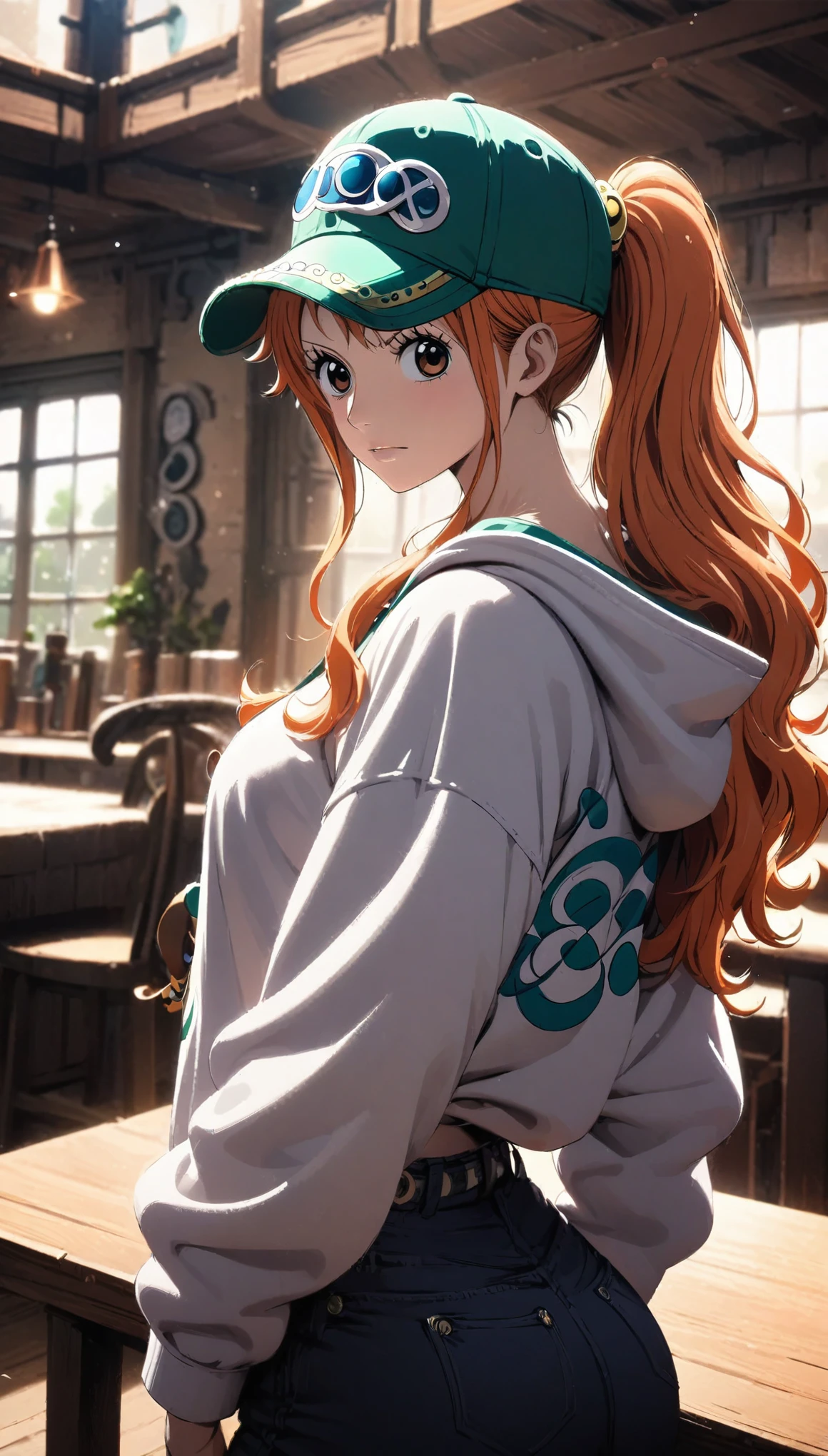 masterpiece, best quality, intricate details, 1 girl, woman, orange hair, nami \ (one piece\), ponytail, baseball cap, oversized hoodie, black shorts, female focus, indoors, looking at viewer, ((side view)) ((close up shot)) ((solo)) detailed, very high resolution, no blurry image, standing, cowboy shot, green eyes, ((nami from one piece)) ((female nami from one piece)), indoors, scenery