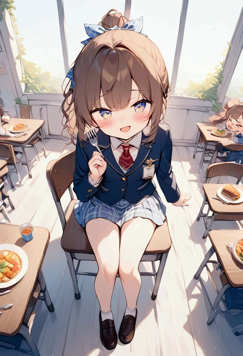 (masterpiece),(Best Quality),  staring at viewers, Female junior high school student, cute,Brown Hair, ponytail,Navy blue blazer,  light blue gingham check short skirt, Brown Loafers, Shy expression, Open Mouth Smile,  sitting on a chair , 机の上にcuteお弁当がある,  {Top view| medium shot}, He holds a fork in his right hand,Figure eating ,  (Wavy Hair:0.8),{whole body| cowboy shot that makes me dream violently}, {indoor|Outdoor}, whole bodyを描いて, {In the classroom|noon食}, {cuteお弁当|noon}, { eating deliciously |happiness}, Amazingly slim,  detailed background, Light tones, whole body, （The charm of youth）