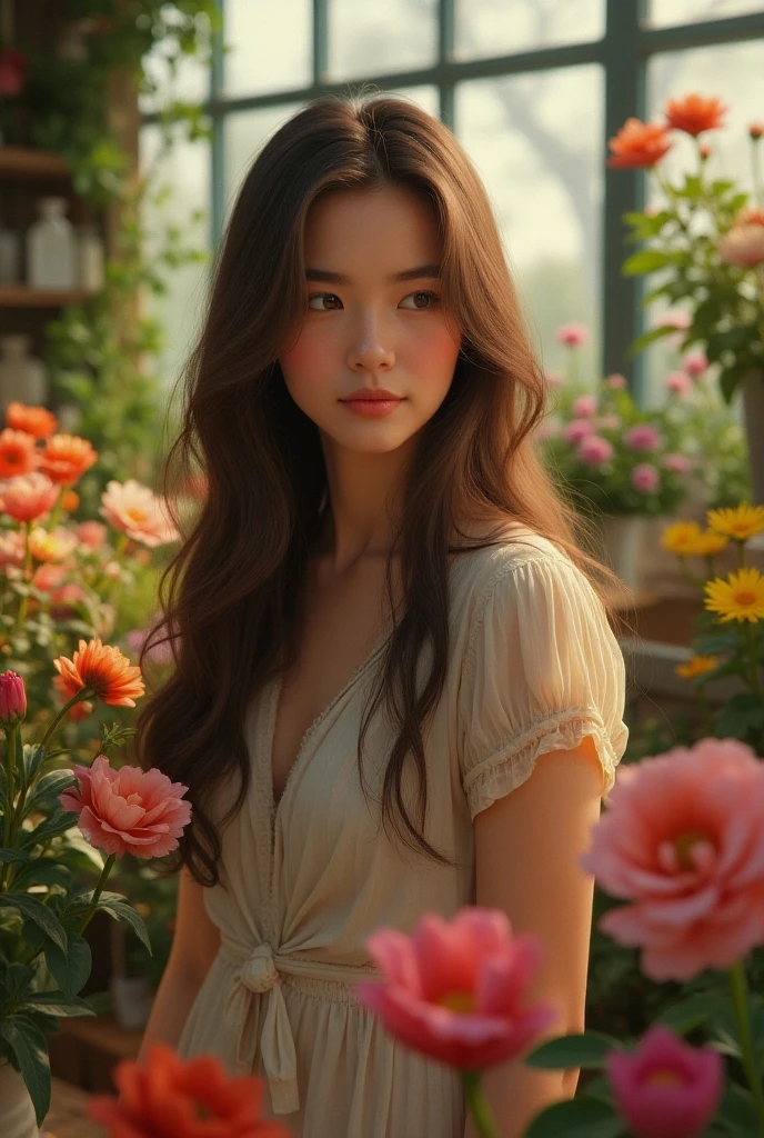 Indonesian Long maroon hair, blue eyes, serious features, real skin, big breast, perfect body, seductive face, beautiful teeth smile, smiling, open mouth, loose style, in a garden, with flowers , in the forest ,jeju Korea, half body, She held a white rose in her hand,small breast