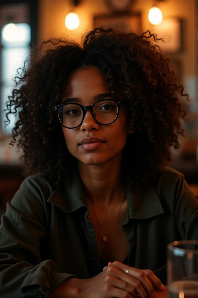 realistic portrait of a cute twenty-year-old African-American girl ((dark skin color)) reading a book, ((sitting in a chair by the window during a sunset)), ((wearing glasses, suffers from heterochromia)) dressed in a purple sweatshirt and jeans, current fashion, long curly hair, mega curly, ((kanekalon)), dark background lighting, close-up, product vision, detailed facial details, perfect face, sharpness, trend art, sharp facial details, cgsociety, ultra high quality digital art, hyper exquisite details, 4K, 8K soft lighting, dreamy --ISO 100, fashion