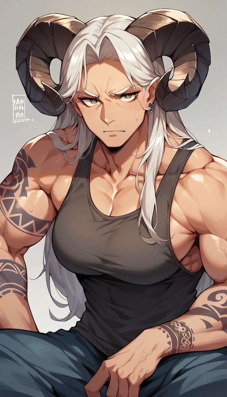 Muscular, mature 20 year old, tattoos, long hair, ram horns, tank top