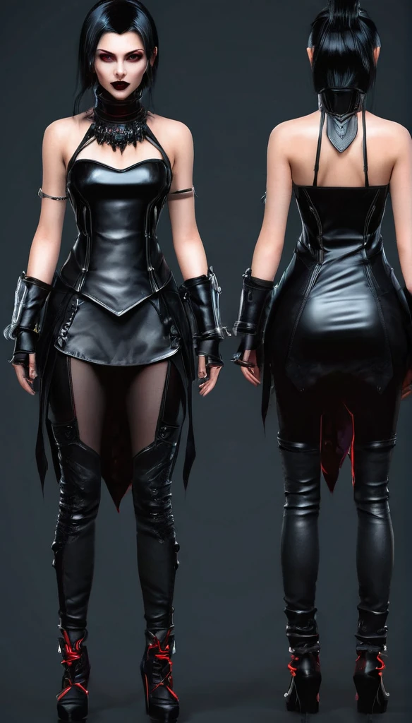 Create a full body  character and clothing items from vampire clans in modern times and create modern and cyberpunk fashion. Front, side and backCreate a full body female character and clothing items from vampire clans in modern times and create modern and cyberpunk fashion. Front, side and back