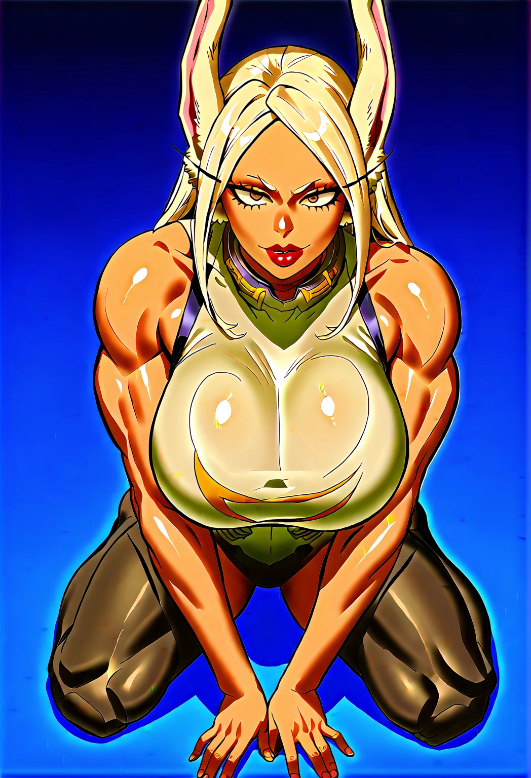  mature woman Mirko Boku no hero Academia   ,  white hair rabbit ears    , steps ,  red lipstick , superheroine ,  the fall of a heroine  ,  mentally controlled by you ,   your body surrendered to your control  ,  empty eyes without expression ,   kneeling taking off her clothes   , tall woman ,  big breasts , Look closely at you  ,  domination giving you a black skin blow job 