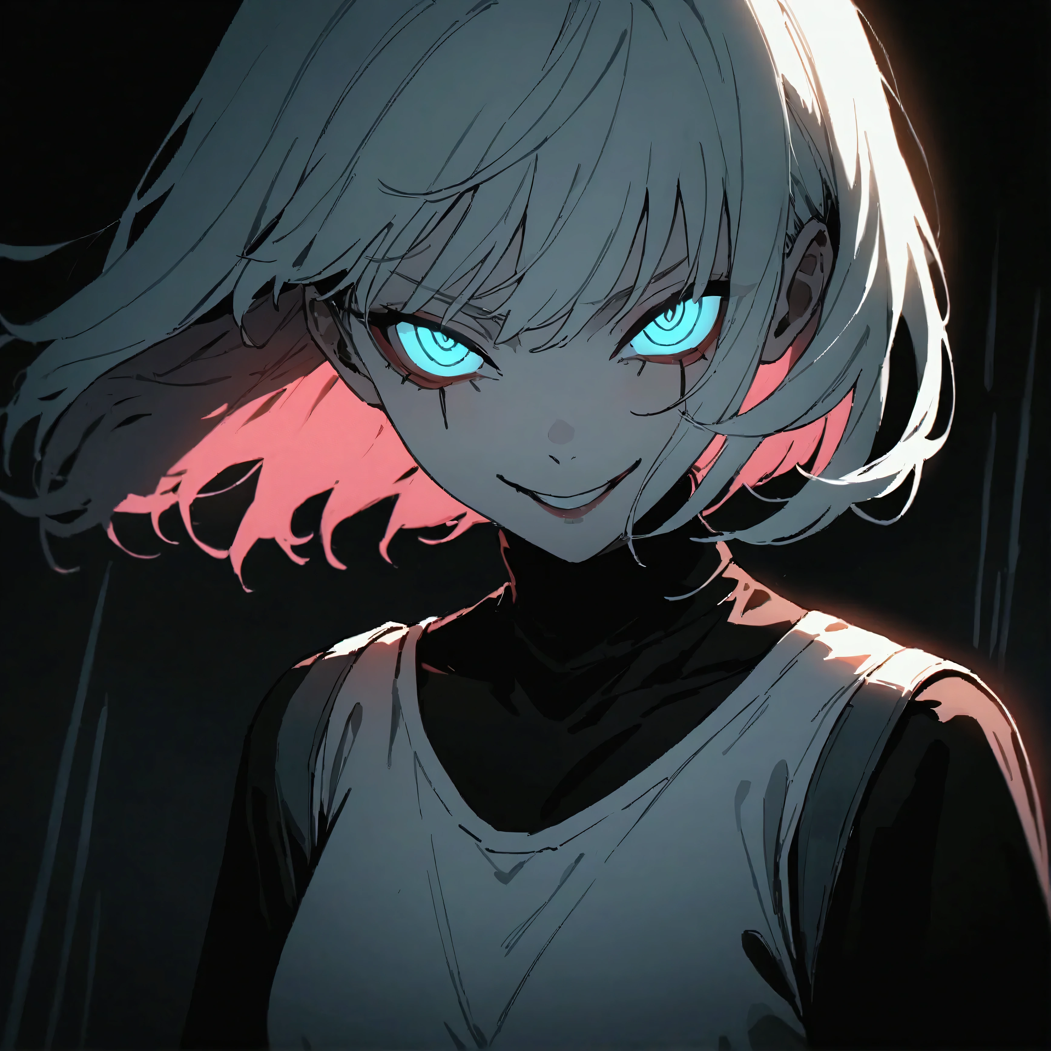 ( masterpiece:1.2,  the best quality), 1 woman,  Upper Body, Cyberpunk clothes, casual,  medium breasts,  white hair, Minimalist makeup,pale,natural fabrics, face close-up, evil smile,  phosphorescent eyes bright circular pupils,8k high resolution, detailed lines, ((  Upper Body)) ,