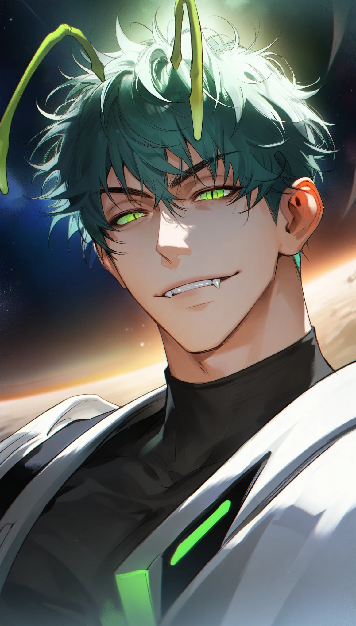 muksal, 1boy, solo, handsome, black shirt, green eyes, slit pupils, egocentric, turquoise hair, short hair, messy hair, (green alien antennas), (dynamic angle), (tinged with space: 1.3), smirk, expressive eyes, fangs, detailed eyes, detailed face, bangs, score_9,score_8_up,score_7_up,source_anime,