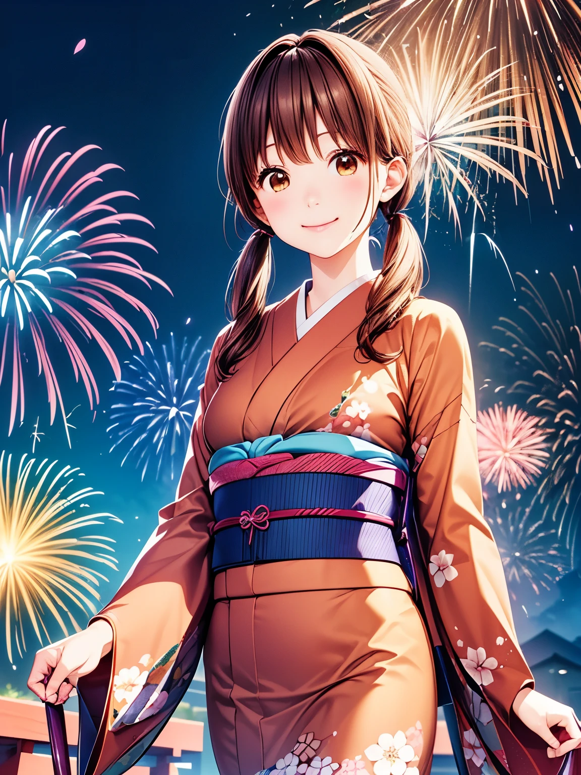 Best Quality,  High Resolution 、 Unity 8K Wallpaper ,night、night空、One Girl, Alone, Yamato, Yamato　Rinko、Brown Hair,  Brown Eyes ,  medium hair、Slightly low twin tails,Closed Mouth、smile、cherry blossoms、firework、(firework,night空に咲く大輪のfirework:1.2)、stroll,(Japanese Kimono:1.3),(Realistic, Genuine, Genuine的、Realistic:1.3), Best Quality、  cowboy shot that makes me dream violently、