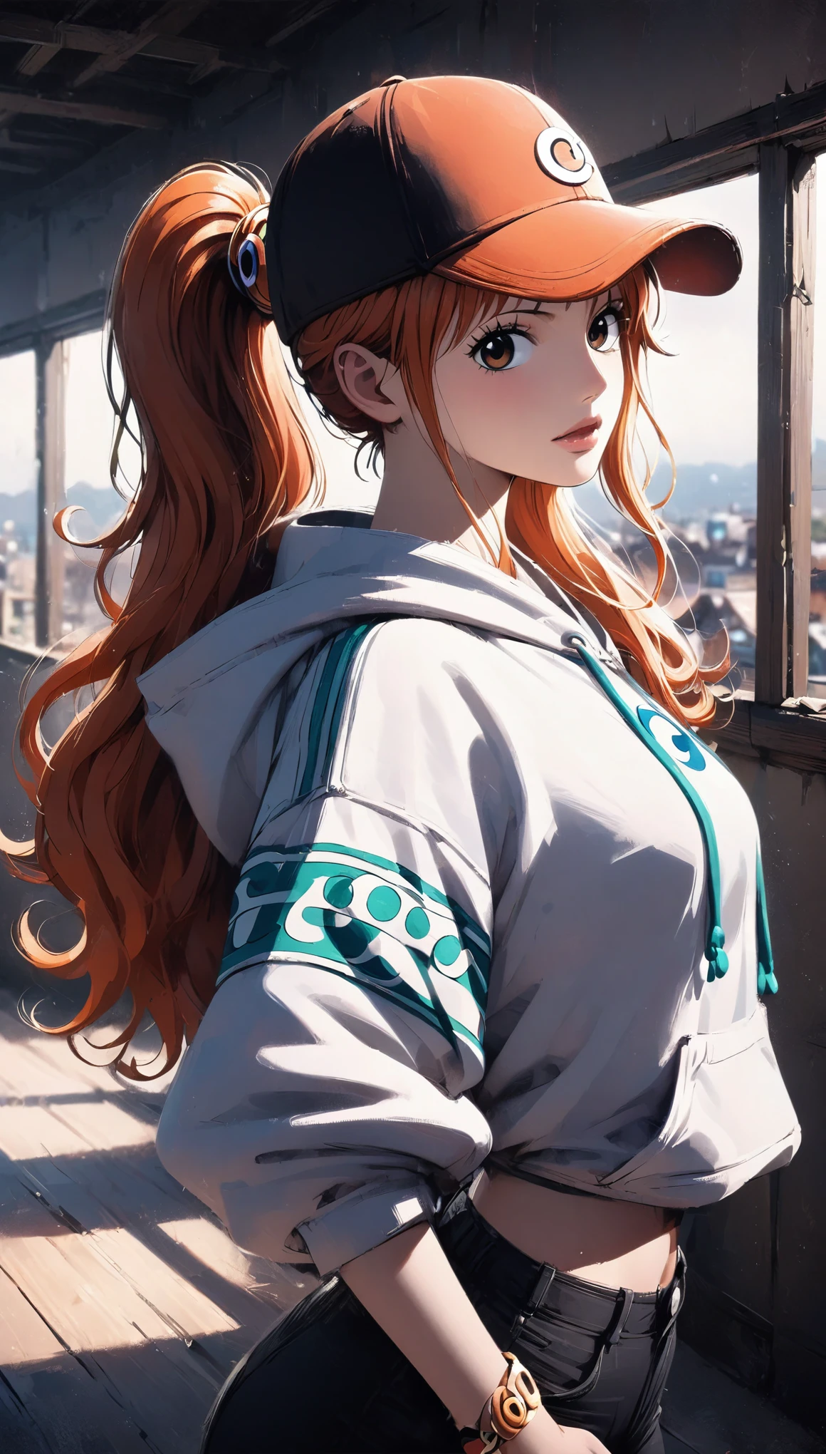 masterpiece, best quality, intricate details, 1 girl, woman, orange hair, nami \ (one piece\), ponytail, baseball cap, oversized hoodie, black shorts, female focus, indoors, looking at viewer, ((side view)) ((close up shot)) ((solo)) detailed, very high resolution, no blurry image, standing, cowboy shot, green eyes, ((nami from one piece)) ((female nami from one piece)), indoors, scenery