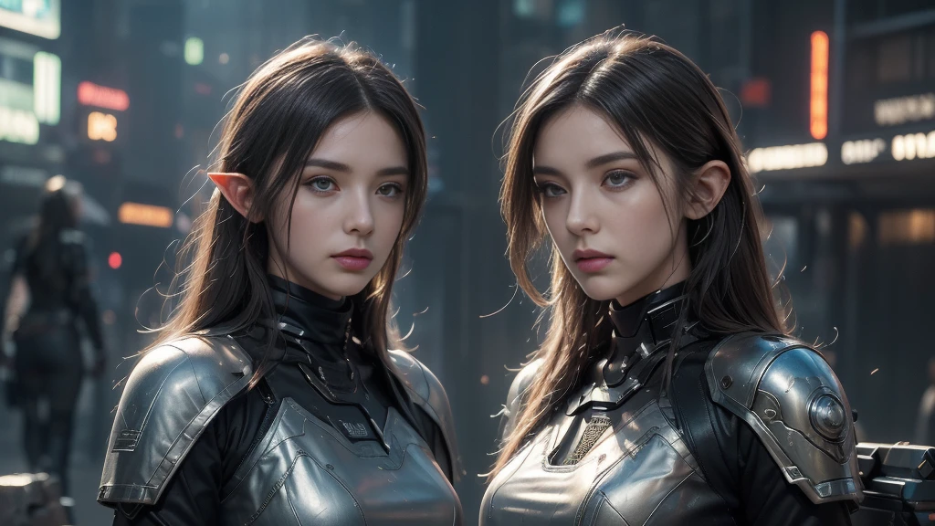 masterpiece, High Resolution,8K,(Portrait Photos:1.5),(R Original Photo),Reality,Digital Photography,(A fusion of cyberpunk and fantasy),(Female Soldiers),20-year-old female elf,(Big , Accessories,shut your mouth,Elegant and charming,Serious and arrogant,Calm and handsome,Combination of cyberpunk and fantasy style clothing,Hollow carving design,Big ，Combined Armor,Photo poses,Realistic style,oc rendering reflection texture，sentry，Cyberpunk-style future city，Medium distance photography