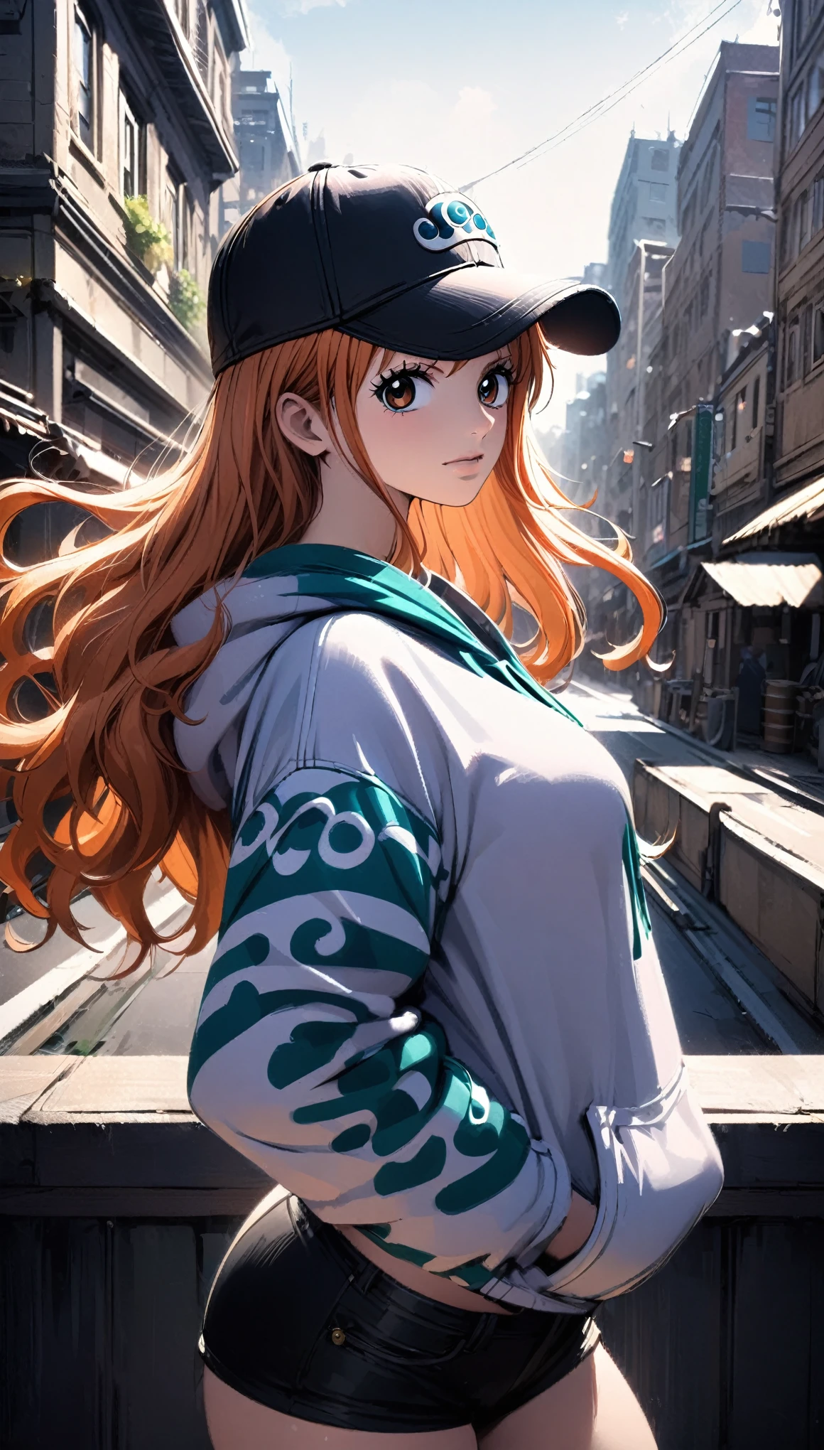 masterpiece, best quality, intricate details, 1 girl, woman, orange hair, nami \ (one piece\), baseball cap, oversized hoodie, black shorts, female focus, indoors, city, looking at viewer, ((side view)) ((close up shot)) ((solo)) detailed, very high resolution, no blurry image, standing, cowboy shot, green eyes, ((nami from one piece)) ((female nami from one piece)), indoors, city