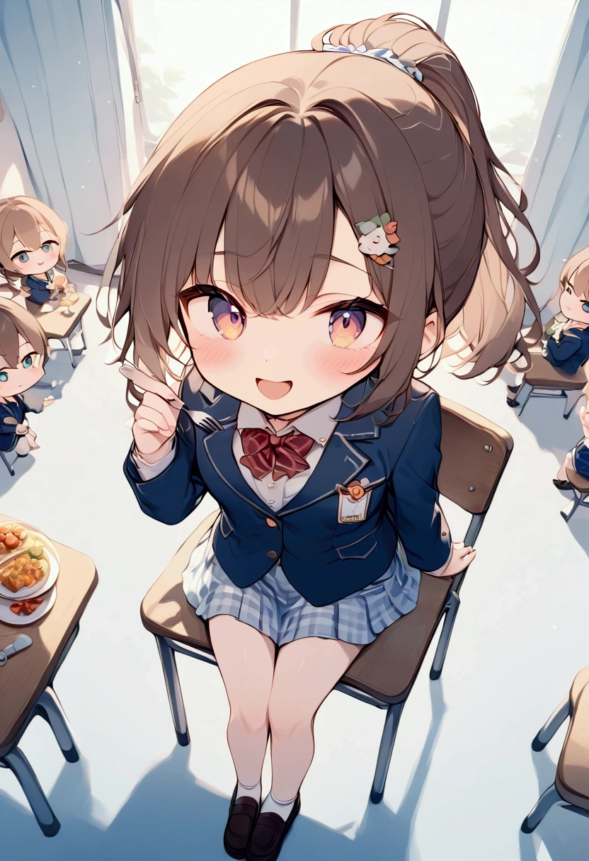 (masterpiece),(Best Quality),  staring at viewers, Female  high school,Brown Hair, ponytail,Navy blue blazer,  light blue gingham check short skirt, Brown Loafers, Shy expression, Open Mouth Smile,  sitting on a chair , 机の上にcuteお弁当がある,  {Top view| medium shot}, He holds a fork in his right hand,Figure eating ,Front view,   (Wavy Hair:0.8),{whole body| cowboy shot that makes me dream violently}, {indoor|Outdoor}, {In the classroom|noon食}, {cuteお弁当|noon}, { eating deliciously |happiness}, Amazingly slim,  detailed background, Light tones, whole body, （The charm of youth）