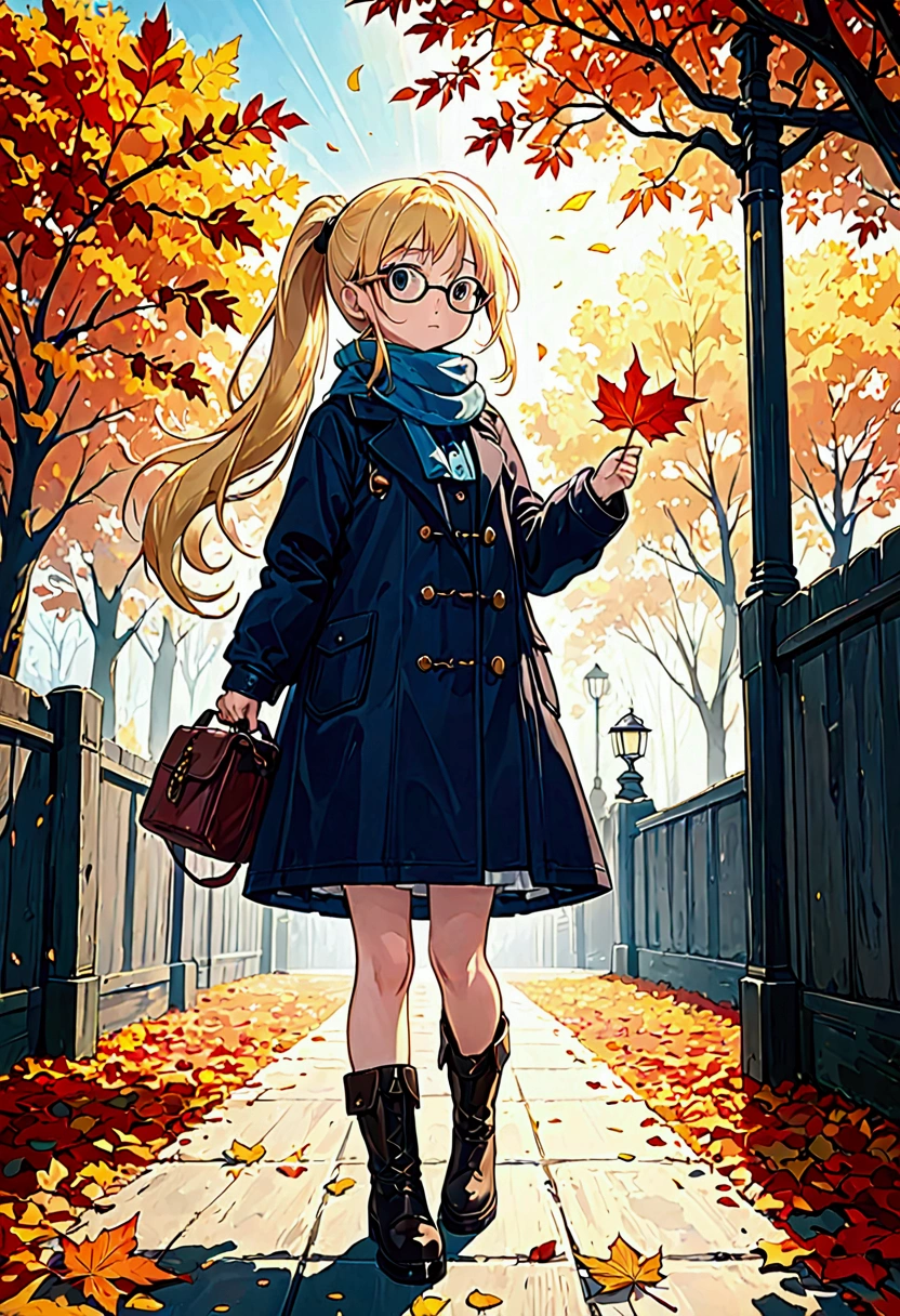  1 girl\(Long golden hair, ponytail,Glasses, cute, Autumn outfit, scarf, Coat, boots, Picking leaves\(Shining golden in the sunlight),Full Body\\), Simple Background, break ,quality\(masterpiece, best quality,8k, 非常に詳細なCGユニットのwallpaper,  High Resolution , top-quality, top-quality real texture skin, Surreal, Increase the resolution, RAW Photos, best quality, Advanced Details, wallpaper,Golden Ratio, High Saturation Realism, Vibrant colors,  Dramatic Lighting,  compelling storytelling, Atmospheric landscape, Stunning visual effects, Intricate details, Strong emotions,A dreamlike world\),from side