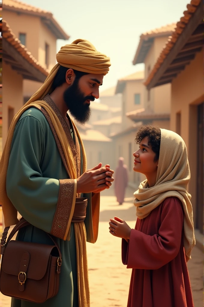 Animated image of a black-haired Muslim man wearing a turban with a large body carrying an old grandmother on his back looking towards the Kaaba wearing white clothes