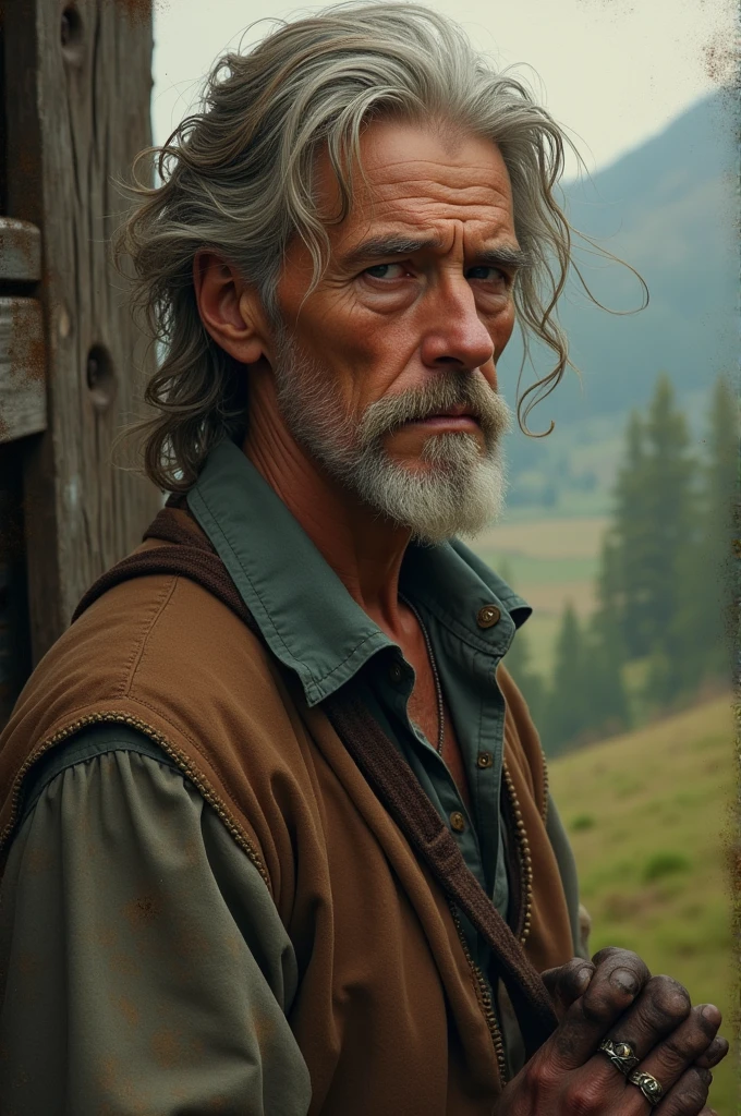 <lora:w3st:0.8> w3st old male portrait, bearded, cowboy, forest, holding glass of wine, sitting, focus, stormy, raining
