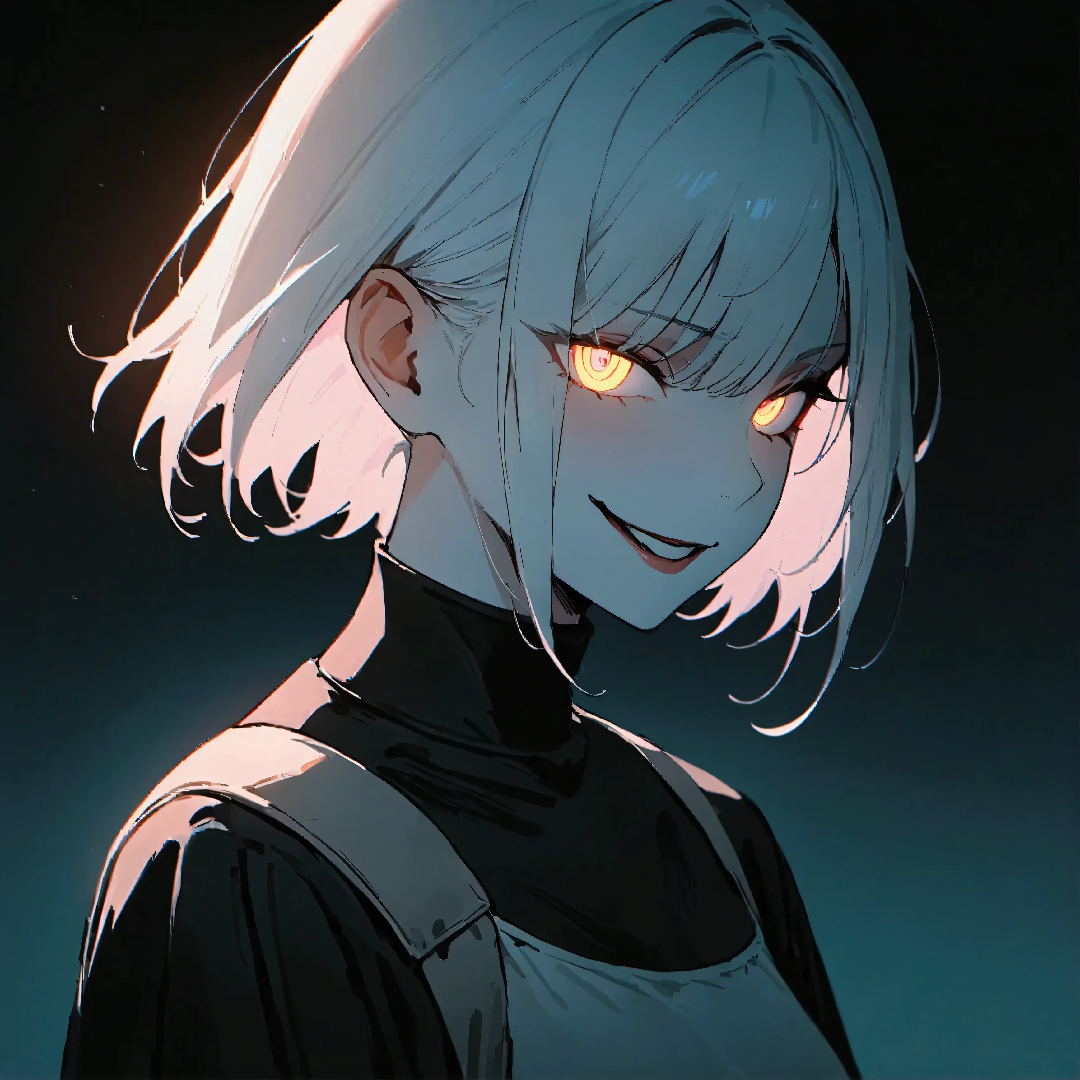 ( masterpiece:1.2,  the best quality), 1 woman,  Upper Body, Cyberpunk clothes, casual,  medium breasts,  white hair, Minimalist makeup,pale,natural fabrics, face close-up, evil smile,  phosphorescent eyes bright circular pupils,8k high resolution, detailed lines, ((  Upper Body)) ,