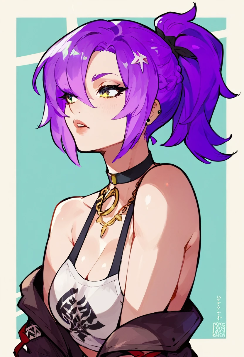 girl similar to Koleda from Zenless Zone Zero with short purple hair 
