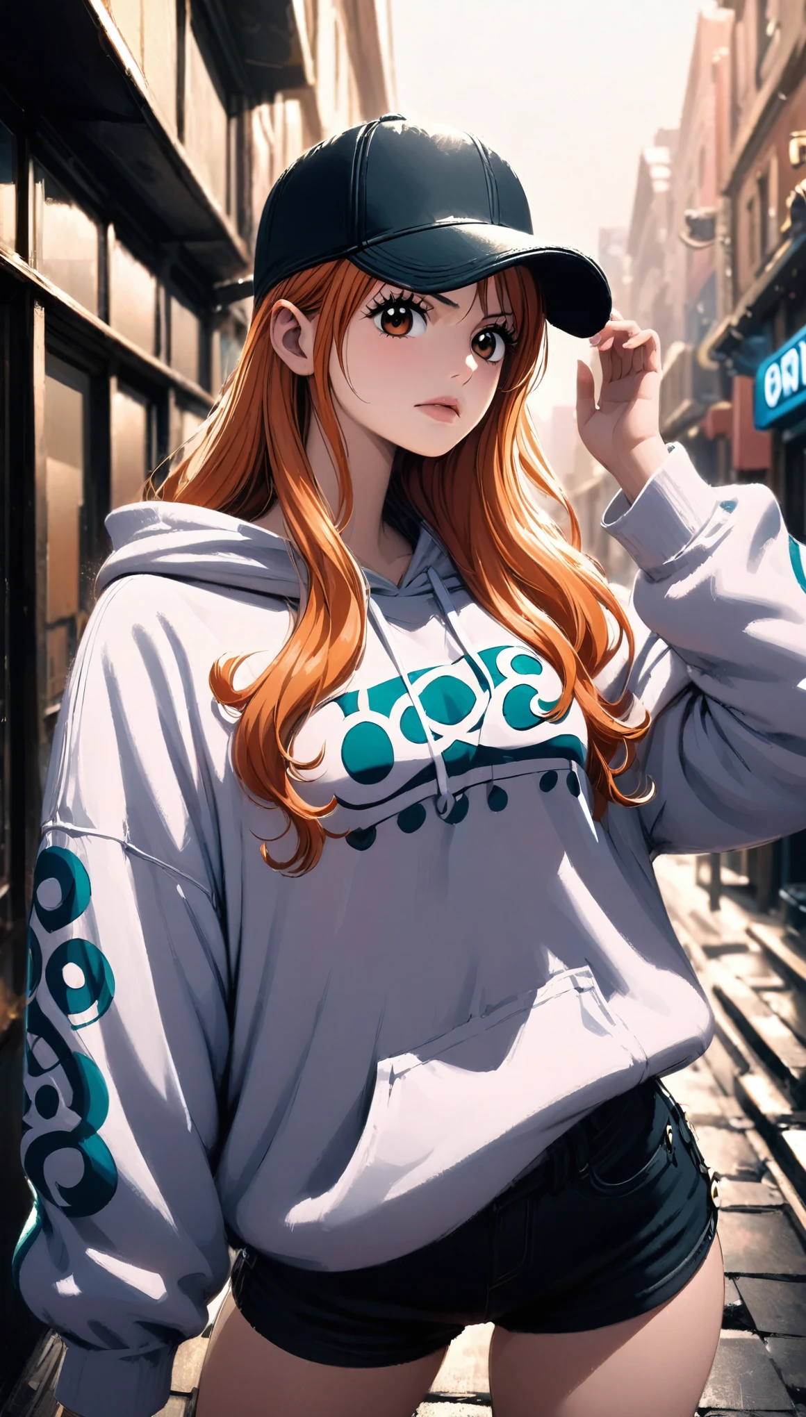 masterpiece, best quality, intricate details, 1 girl, woman, orange hair, nami \ (one piece\), baseball cap, oversized hoodie, black shorts, female focus, indoors, city, looking at viewer, ((side view)) ((close up shot)) ((solo)) detailed, very high resolution, no blurry image, standing, cowboy shot, green eyes, ((nami from one piece)) ((female nami from one piece)), indoors, city