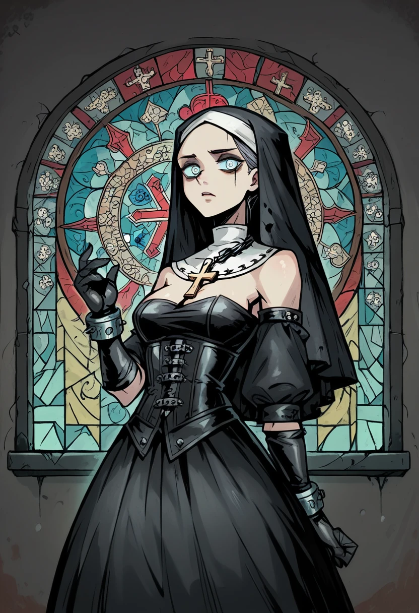  Draw a female character with an aesthetic that mixes Catholic symbolism and BDSM elements.  She wears a clothing inspired by a religious habit ,  but with provocative details , like black leather,  lace and metallic accessories .  The traditional veil is adorned with silver chains that descend over your shoulders ,  contrasting with the sacred aura of her posture .  She wears a leather corset with cross details ,  tied with satin ribbons and wrapped in thin strings that recall bondage practices .  Her arms are covered by long leather gloves ,  with metal bracelets connected by small padlocks .  Catholic symbols , like the rosary ,  are present as accessories , with a gothic and provocative touch. His expression is enigmatic, almost heavenly,  with intensely outlined eyes ,  evoking both power and submission . In the background,  a religious stained glass window stylized with deep colors ,  highlighting duality between the sacred and the profane in the character .