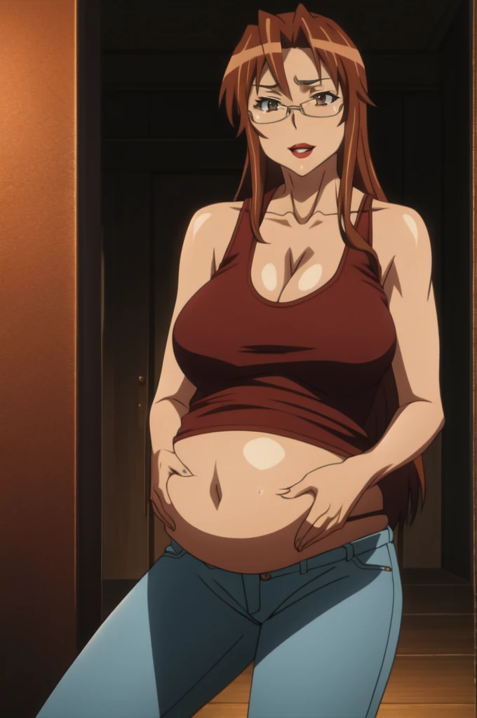 Kyouko hayashi,tall body, tall, long legs, mature female, mature, 1girl, solo, ((reddish brown hair)), light brown eyes,Big breasts, Saggy breast, big cleavage, Tank top,Thin tight jeans pants,((Red lips)),1girl,Solo,Milf,Wringkle in face,((Glasses)), long layers hair,Light blush,Sweat,Pregnant