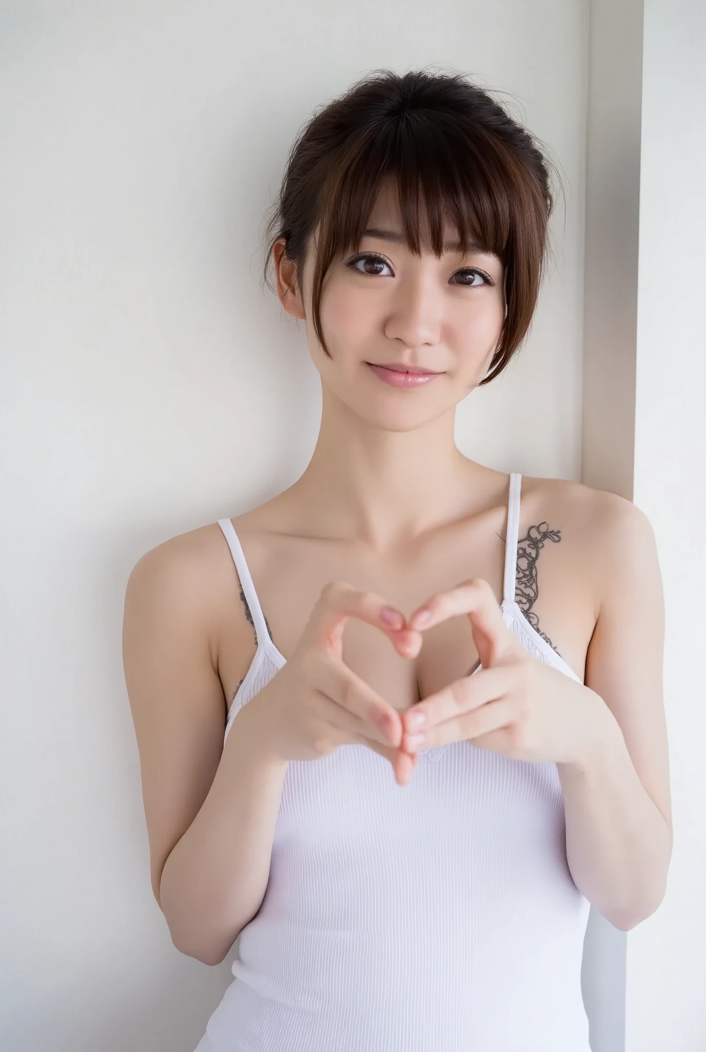  Smiling face making a heart shape with her hands:2.0、Instagrammable:1.2 (RAW Photos、8k、32K、masterpiece、Realistic、  photoreal:1.37)、Cute Japanese women images、Tank tops、Photographed in natural light、  upper body、1 girl、Photo Mapping、 Physically Based Rendering、Excellent image quality、  High Resolution  、1080P、(Beautiful Face)、(Detailed description of the face)、( Detailed description of the hand setter&#39;Muscle area)、(Detailed CG)、Rich details、( great features :1.35)、(Detailed eyes)、 I'm looking forward to your eyes、Delicate clavicle、Various poses、非常にリアルで詳細な若い女性の  upper bodyポートレート。The skin is beautiful、Soft light is reflected in the high part of the cheek.、 Tiny pores and hair follicles、 Even the tiniest blood vessels are visible。The skin is smooth、Natural flushing of the cheeks、Gives a healthy glow。 The eyes are large and clear blue、 The iris has fine patterning、 Light is reflecting and shining in the eye。 There is a slight shadow under the eye、 Her eyelashes are long and naturally curled。 Her lips are a soft pink color、 Smooth texture and natural glow、 Slightly reflects light。 The woman is wearing a simple white top.、 The background is a pale monochrome gradient.、焦点は完全に顔と  upper bodyに当たっている。Realistic shadows and textures、Photographic depiction.。